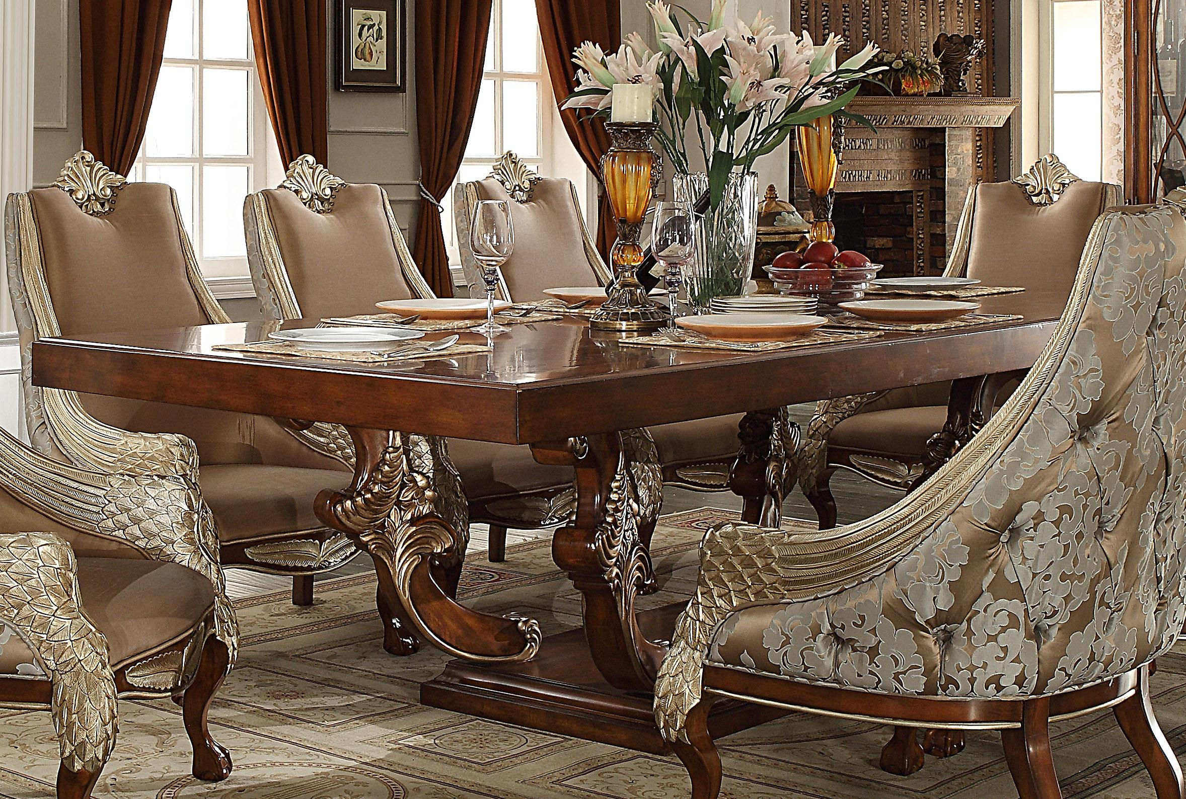 

    
Brown Cherry & Pearl Beige Chenille Dining Room Set 7Pcs Traditional Homey Design HD-124
