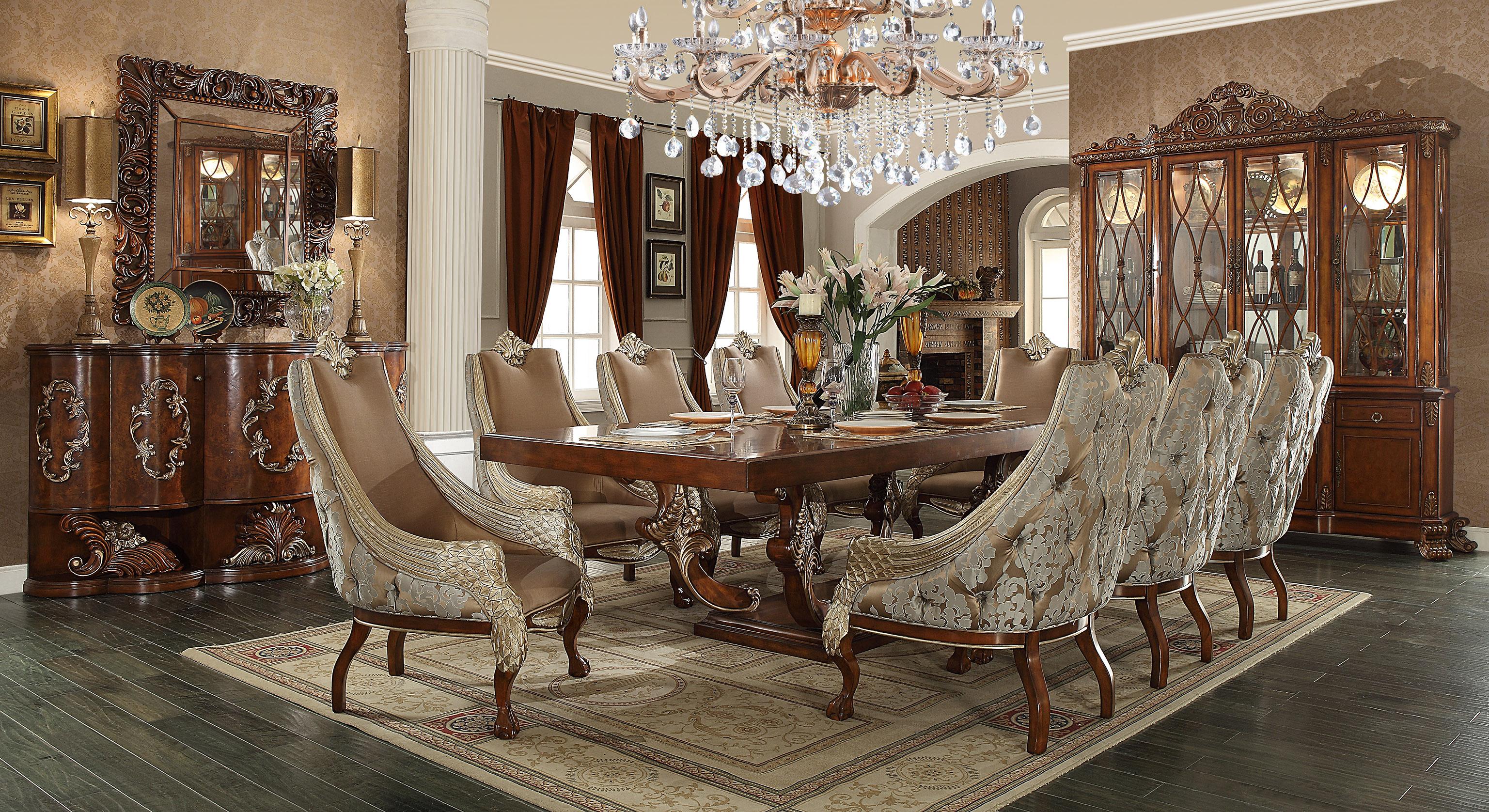 

    
Brown Cherry & Pearl Beige Chenille Dining Room Set 7Pcs Traditional Homey Design HD-124
