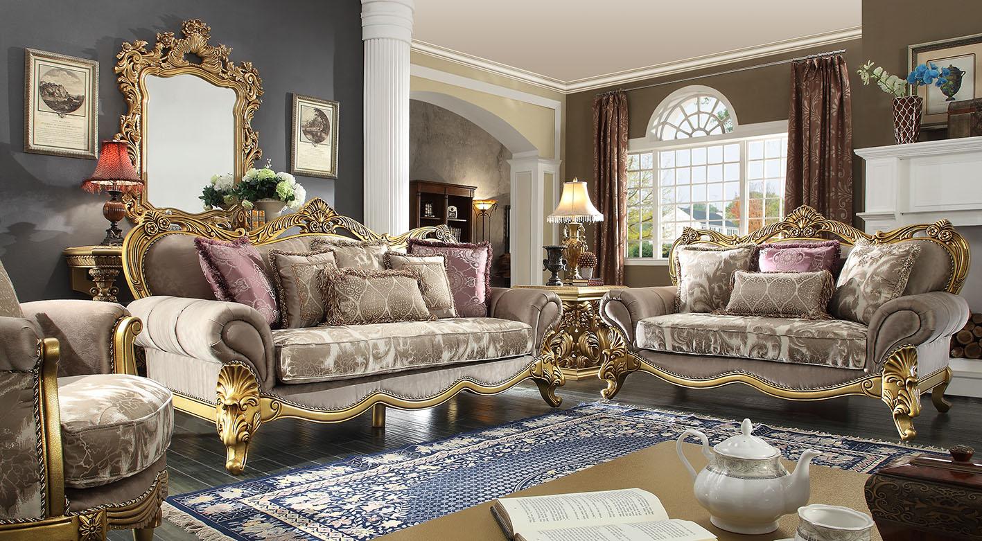 

    
Homey Design HD-1634 Victorian Upholstery Taupe Mixed Fabric Sofa Loveseat and Chair Carved Wood Set 3Pcs
