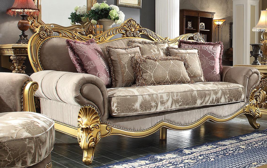 

    
Homey Design HD-1634 Victorian Upholstery Taupe Mixed Fabric Sofa Loveseat and Chair Carved Wood Set 3Pcs
