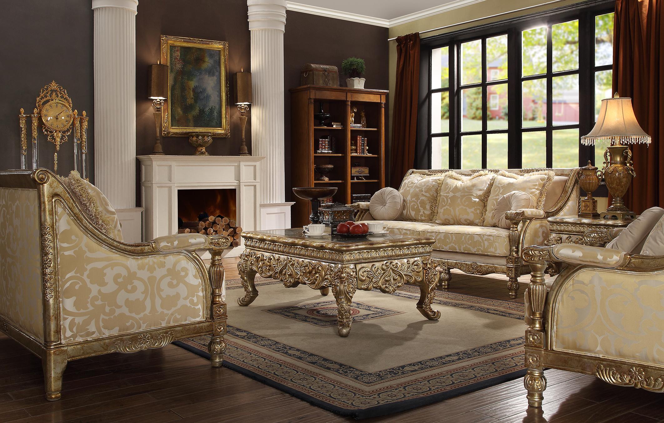 

    
Antique Gold Victorian Chenille Sofa Set 2Pcs Traditional Homey Design HD-205
