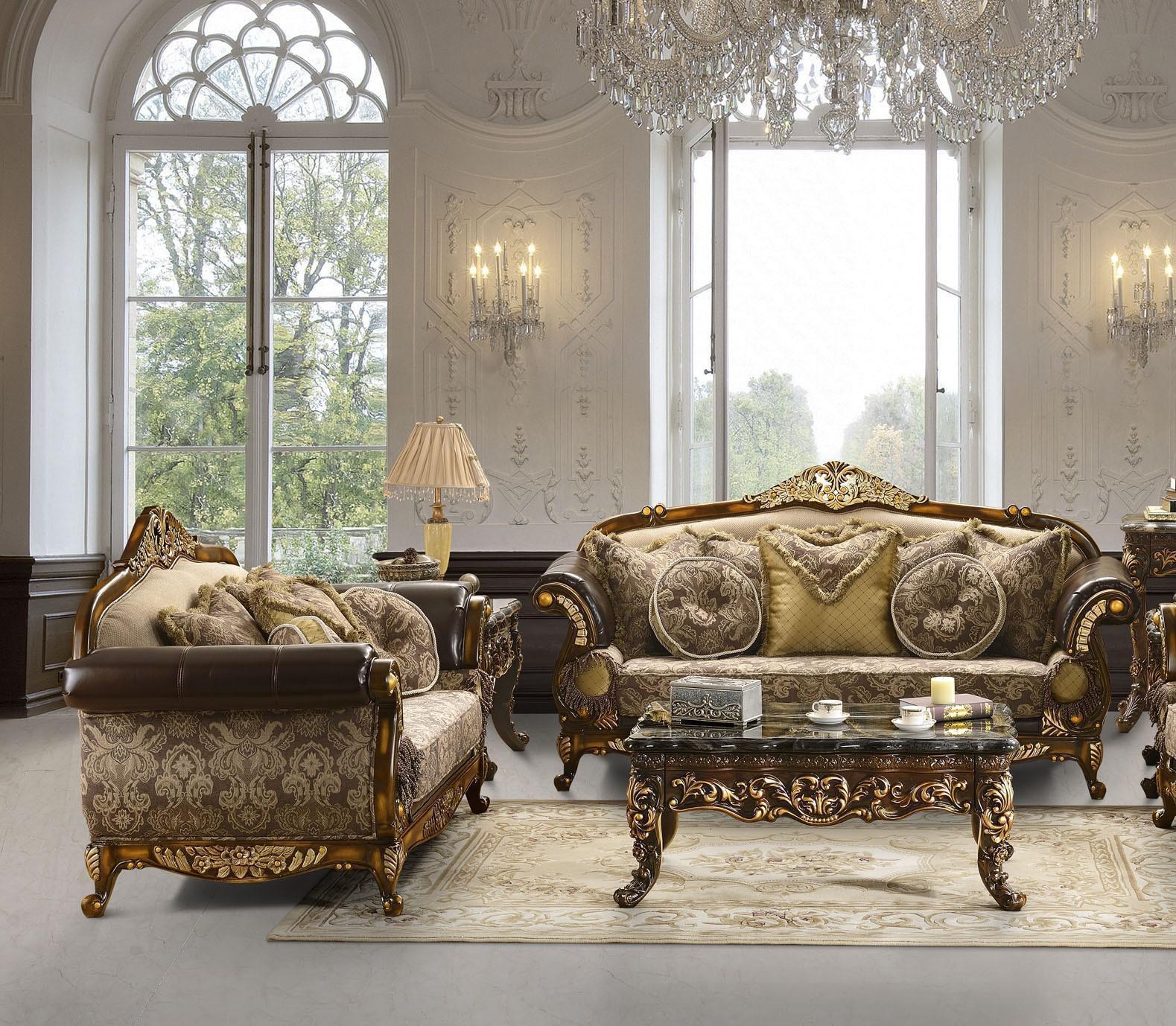 

    
Mahogany Brown & Metallic Antique Gold Sofa Set 3Pcs Homey Design HD-26
