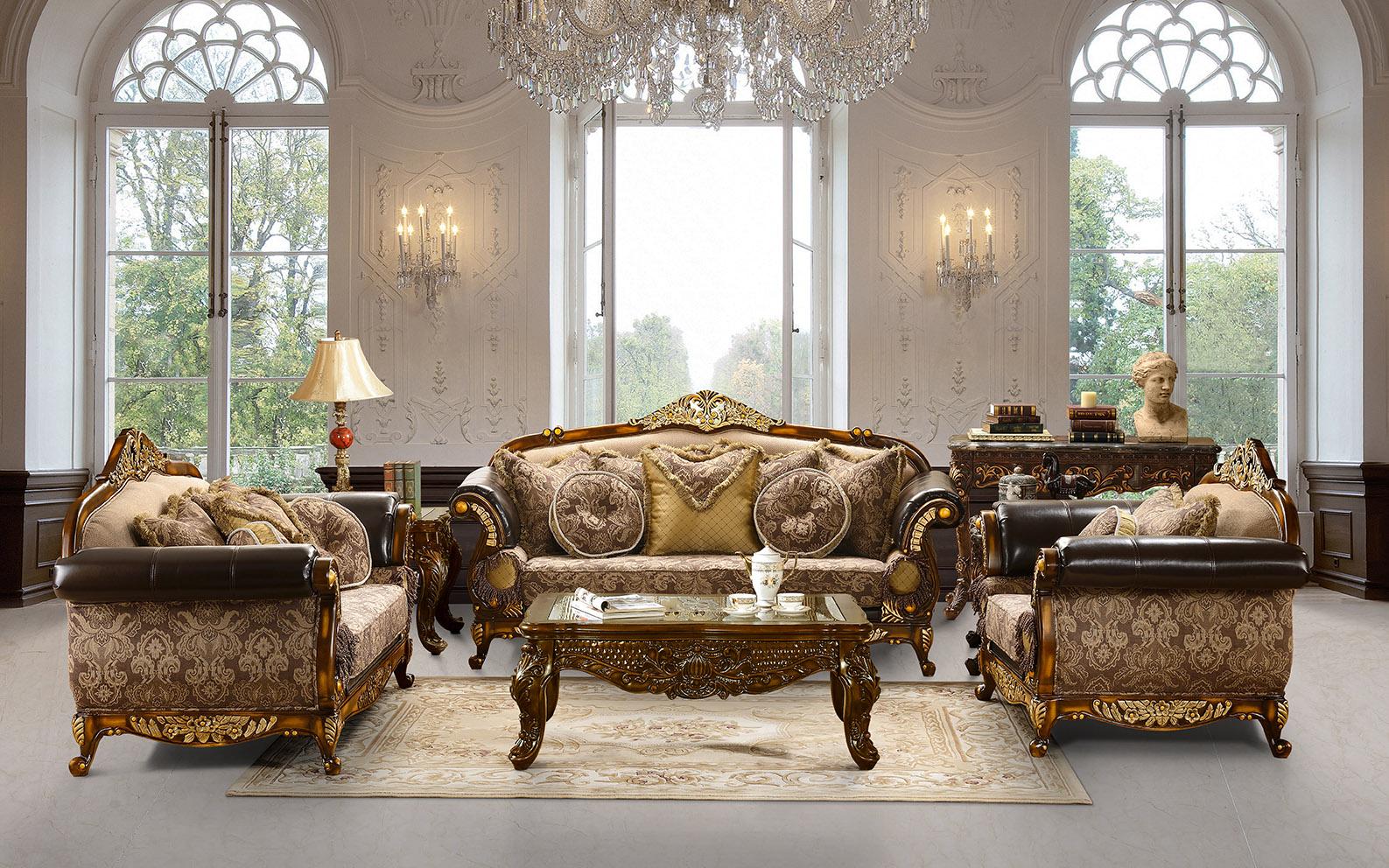 

    
Mahogany Brown & Metallic Antique Gold Sofa Set 3Pcs Traditional Homey Design HD-26
