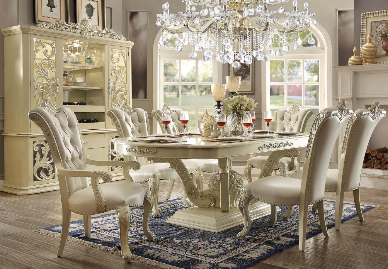 

    
Homey Design HD-27 Antique Victorian White Dining Room Set 8Pcs Carved Wood
