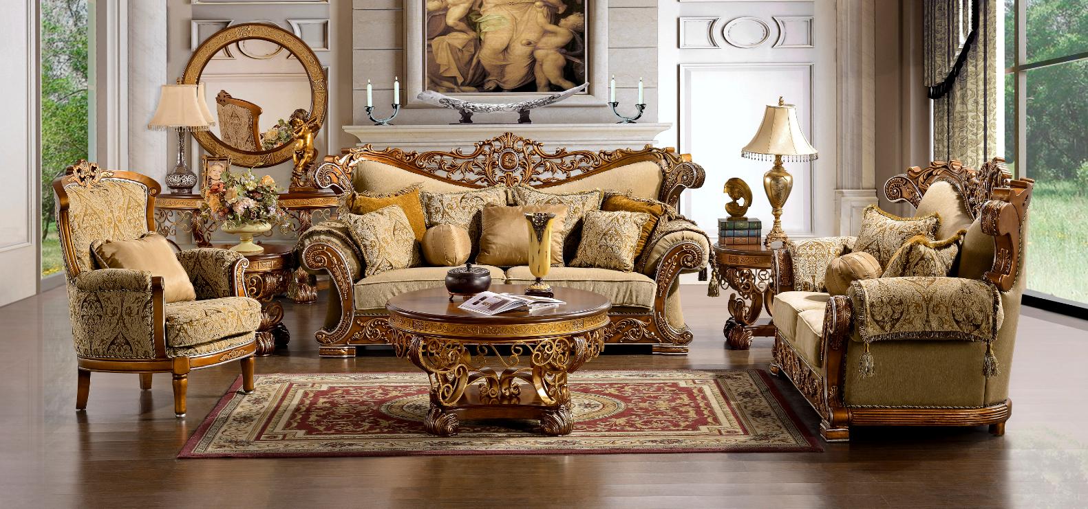 

    
HD-369-SSET3 Golden Tan Chenille Sofa Set 3Pcs Carved Wood Traditional Homey Design HD-369
