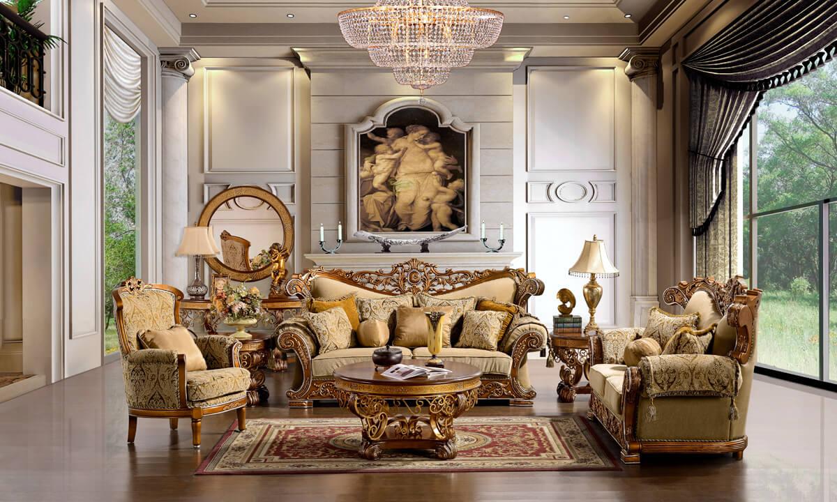 Traditional Sofa Set HD-369 HD-369-SSET3 in Sand, Gold Fabric