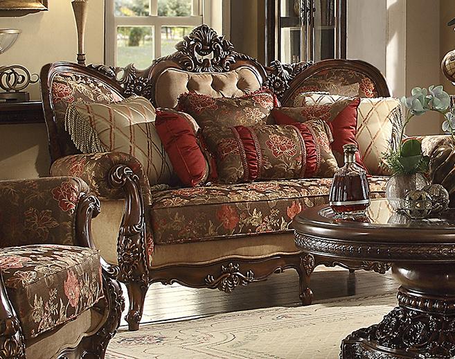 

    
Dark Oak & Floral Chenille Sofa Set 3Pcs Traditional Homey Design HD-39

