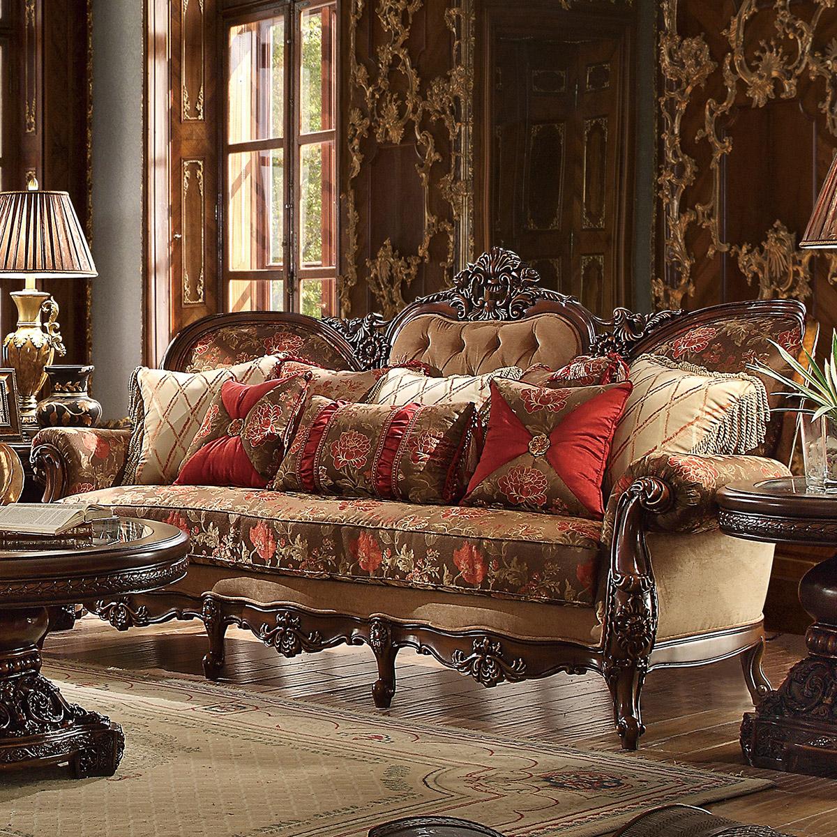 

    
Dark Oak & Floral Chenille Sofa Traditional Homey Design HD-39

