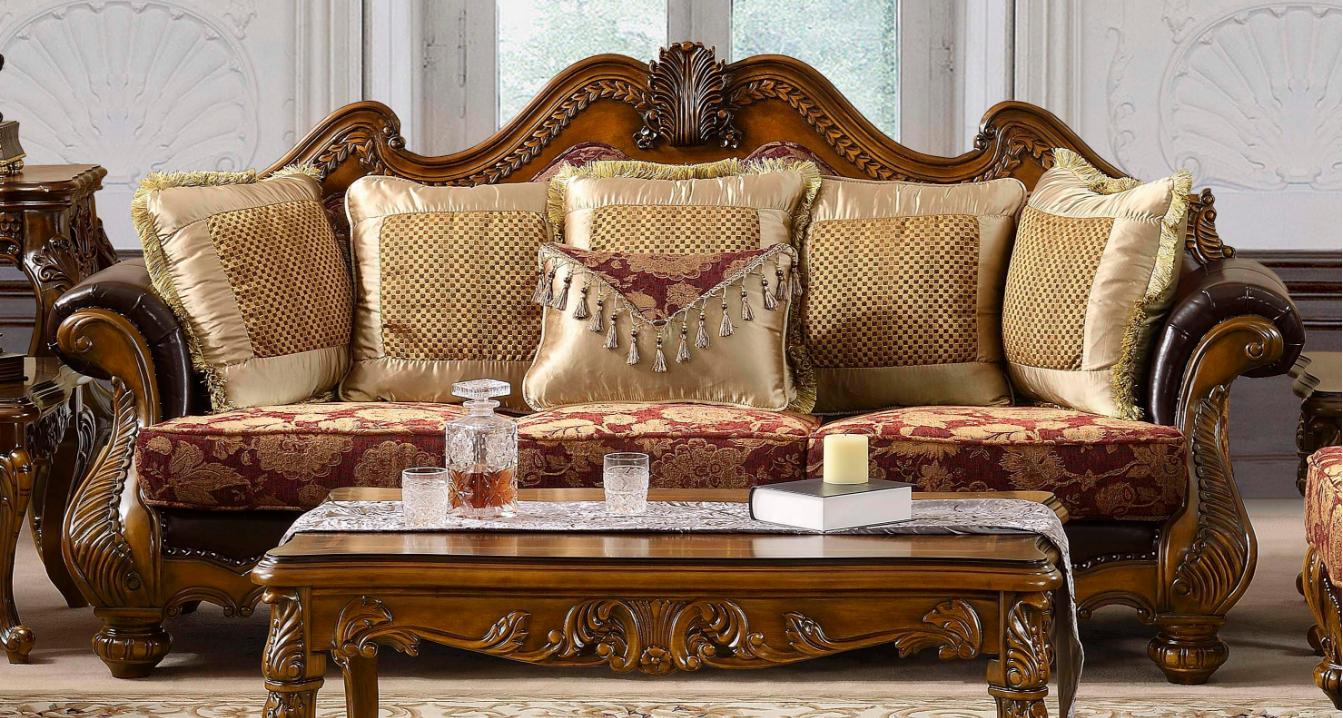 

    
Homey Design HD-481 Antique Gold Burgundy Chenille Fabric Sofa Set 2Pcs Carved Wood Classic
