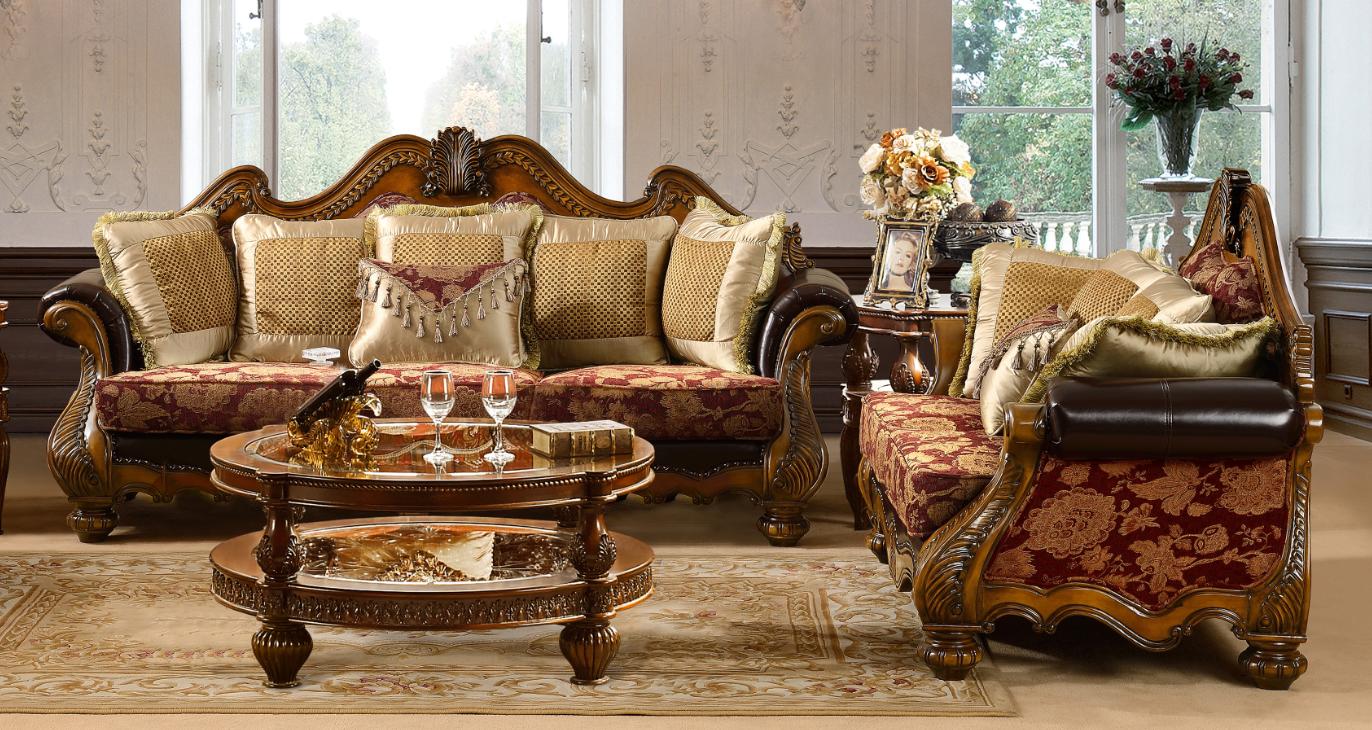 

    
Homey Design HD-481 Antique Gold Burgundy Chenille Fabric Sofa Set 2Pcs Carved Wood Classic
