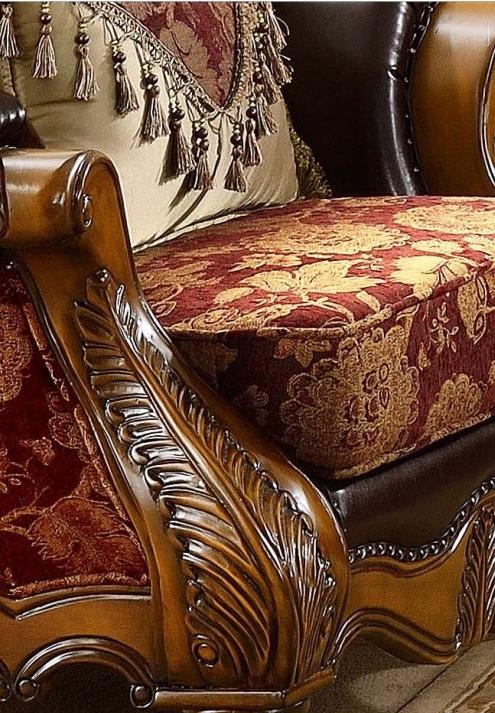 

    
 Shop  Homey Design HD-481 Antique Gold Burgundy Chenille Fabric Sofa Set 2Pcs Carved Wood Classic
