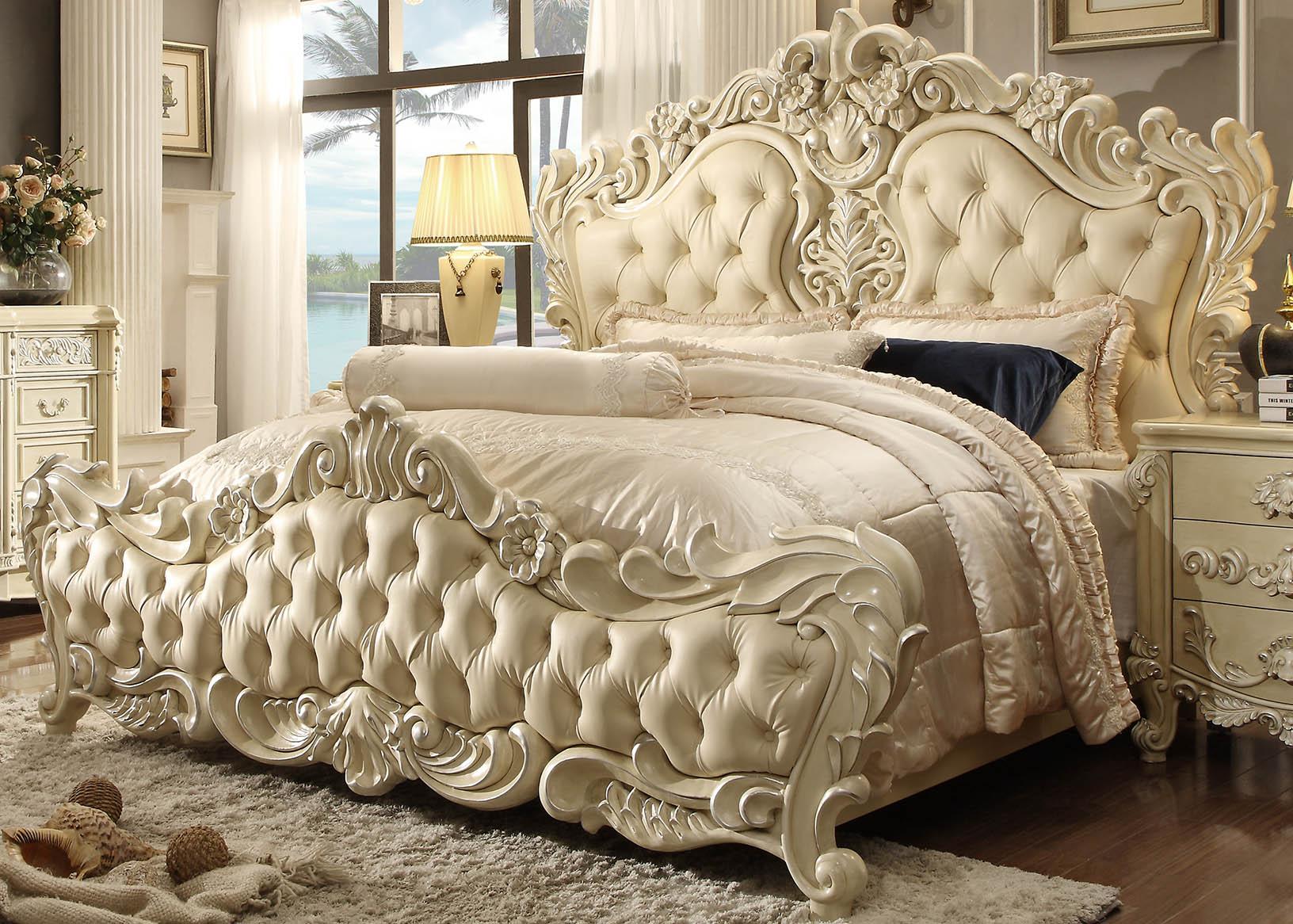 Traditional Panel Bed HD-5800 – EK BED HD-EK5800 in Pearl, Cream Leather