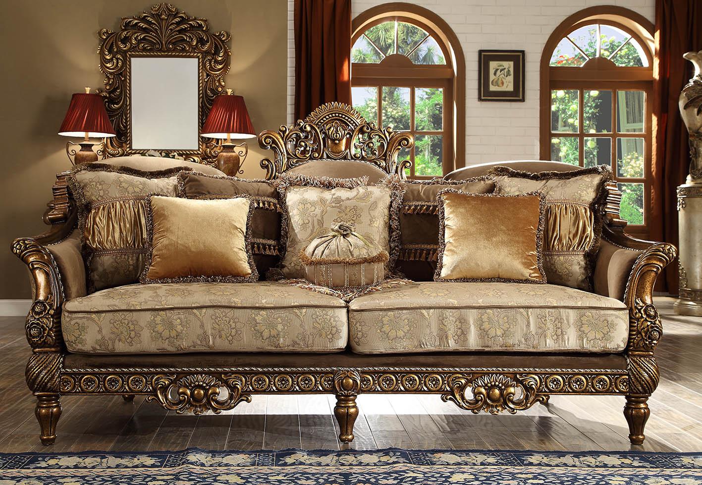

    
Metallic Antique Gold Floral Pattern Sofa Set 6Pcs Traditional Homey Design HD-610
