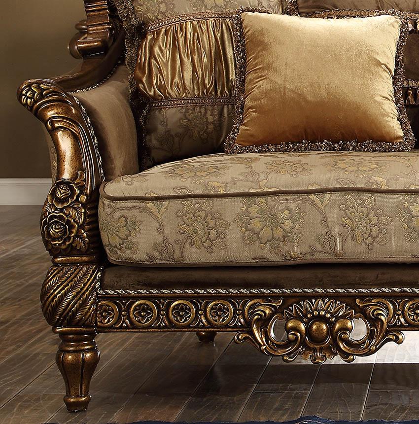 

    
Metallic Antique Gold Floral Pattern Sofa Traditional Homey Design HD-610
