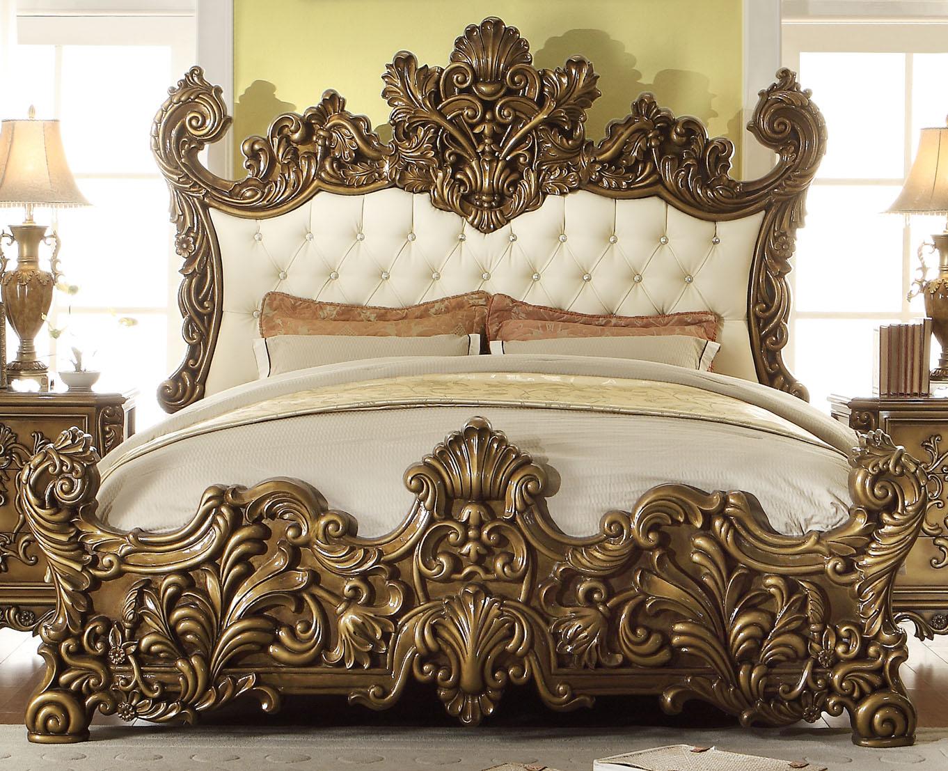 Traditional Panel Bed HD-8008 CK BED HD-8008 CK BED in Gold, Beige Leather