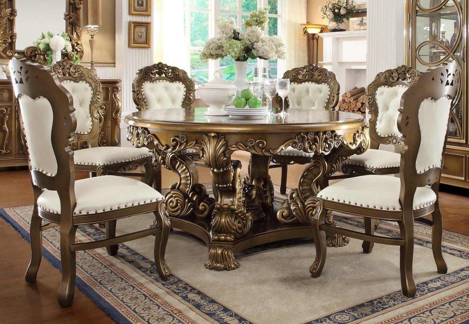 Traditional Dining Table Set HD-8008 – DINING TABLE SET HD-8008-RTSET7 in Antique Brown, Golden Brown, Ivory Leatherette