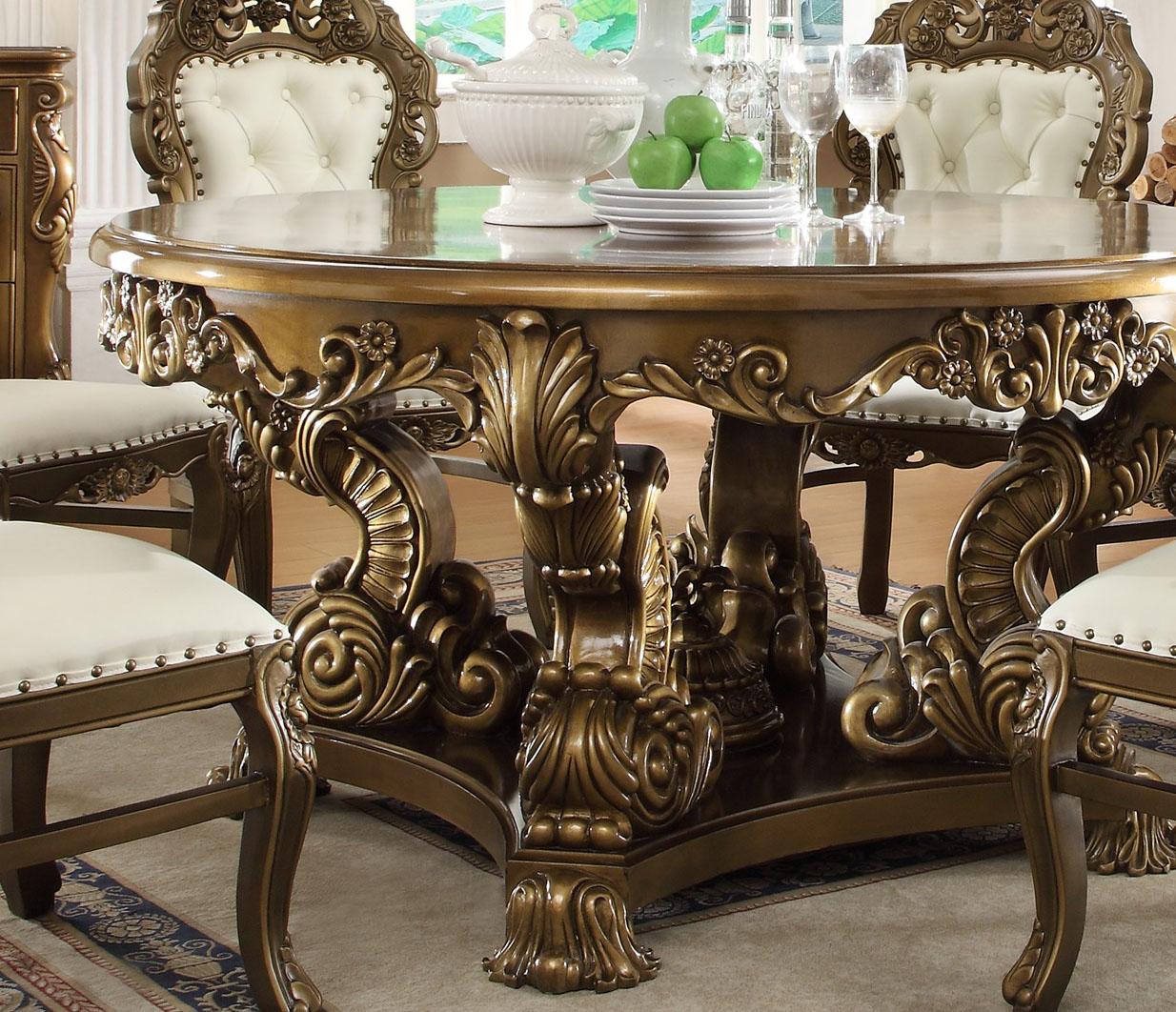 

    
Met Ant Gold & Perfect Brown Round Dining Table Traditional Homey Design HD-8008
