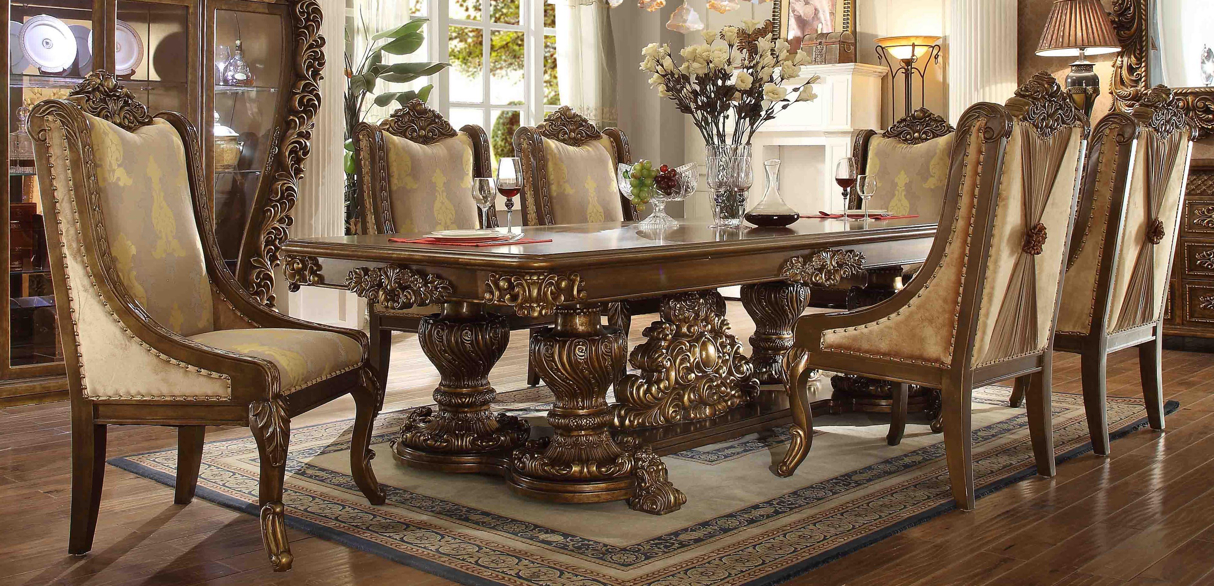 Traditional Dining Table Set HD-8011 – 7PC DINING TABLE SET HD-8011-DTSET7 in Gold Finish, Cream, Walnut Fabric