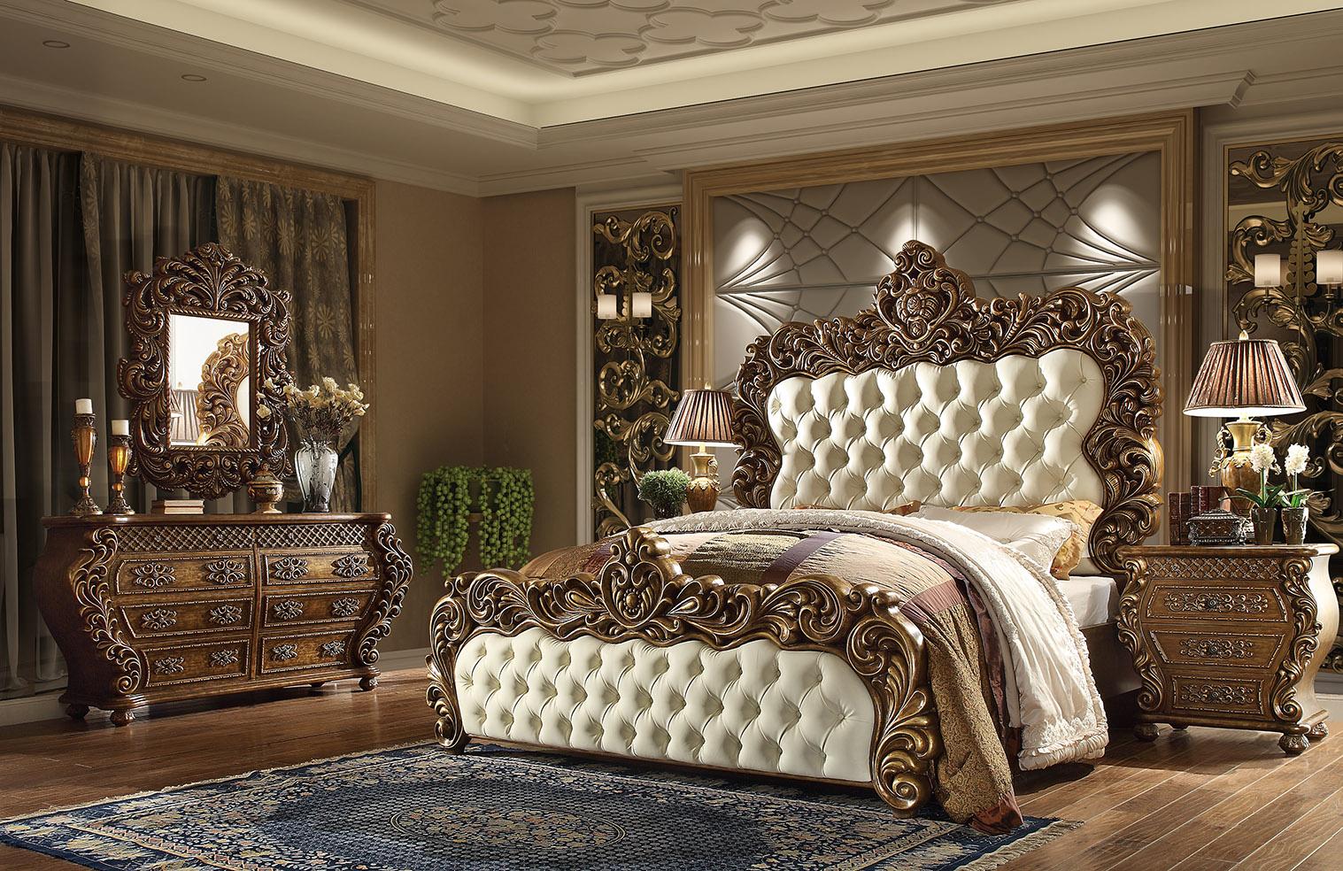

    
Antique Gold & Perfect Brown King Bed Traditional Homey Design HD-8011

