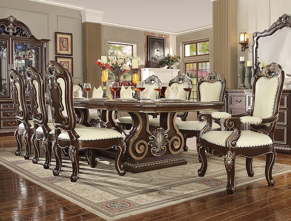 

    
Brown Cherry & Gold Dining Table Set 9Pcs Traditional Homey Design HD-8013
