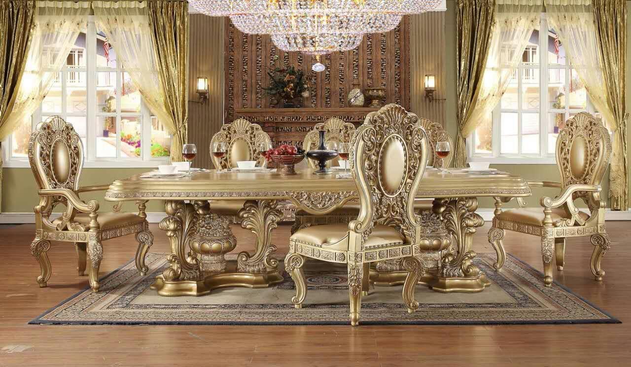 

    
Royal Antique Gold Dining Room Set 9Pcs Traditional Homey Design HD-8016
