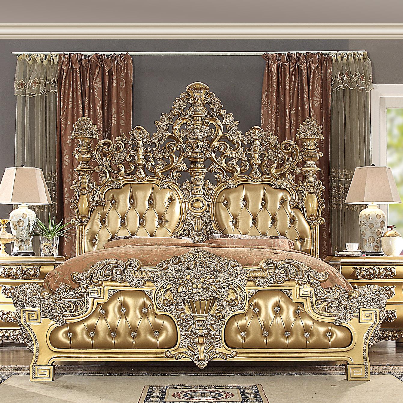 Traditional Panel Bed HD-8016 – CK BED HD-8016 CK BED in Rich Gold, Gold Finish Leather