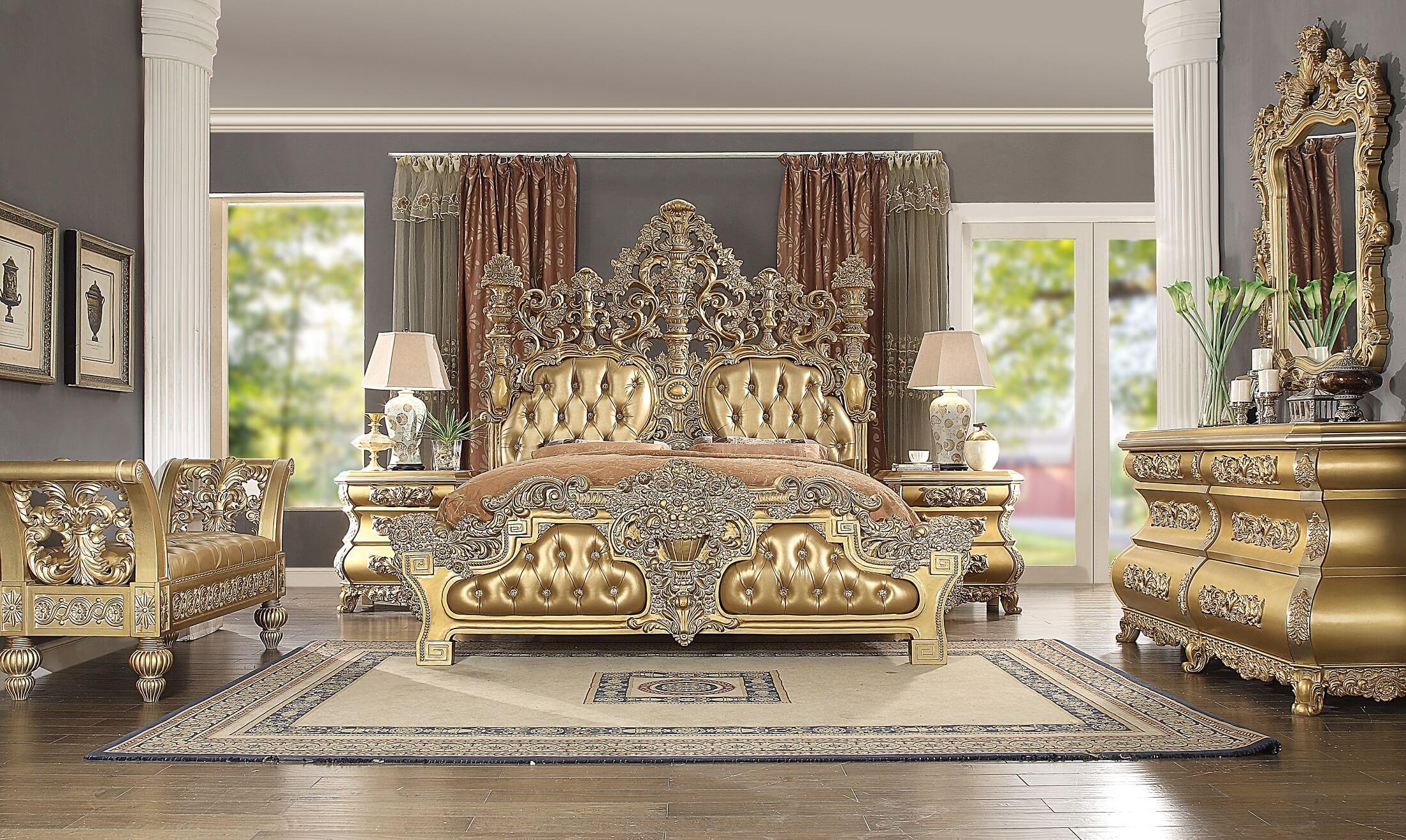 Traditional Panel Bedroom Set HD-8016 – EK BED SET HD-8016 EK-2PC in Rich Gold, Gold Finish Leather