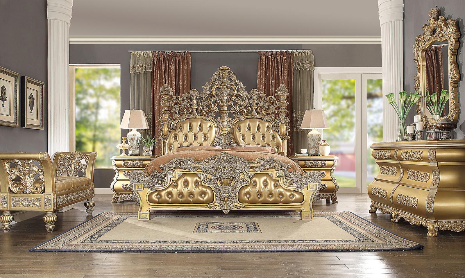 Traditional Panel Bedroom Set HD-8016 – EK BED SET HD-8016-BSET5-EK in Rich Gold, Gold Finish Leather