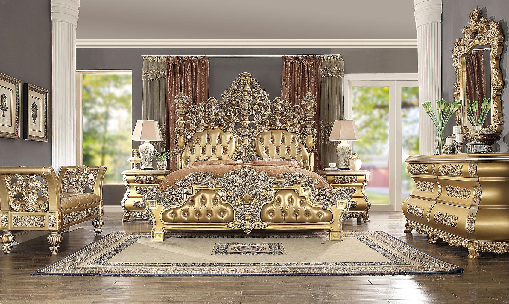 Traditional Panel Bedroom Set HD-8016 – EK BED SET HD-8016 EK-6PC in Rich Gold, Gold Finish Leather