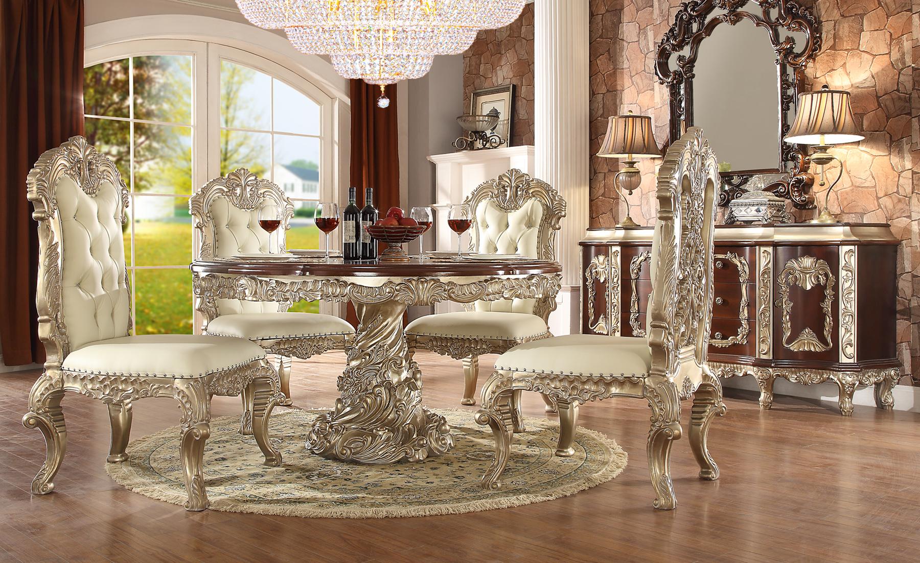 Traditional Dining Table Set HD-8017 – 7PC DINING TABLE SET HD-D8017-ROUND-7PC in Antique White, Silver Faux Leather