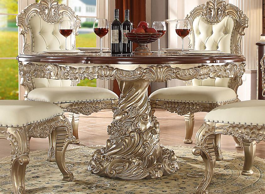 

    
Antique White Silver Round Dining Table Set 7Pcs Traditional Homey Design HD-8017
