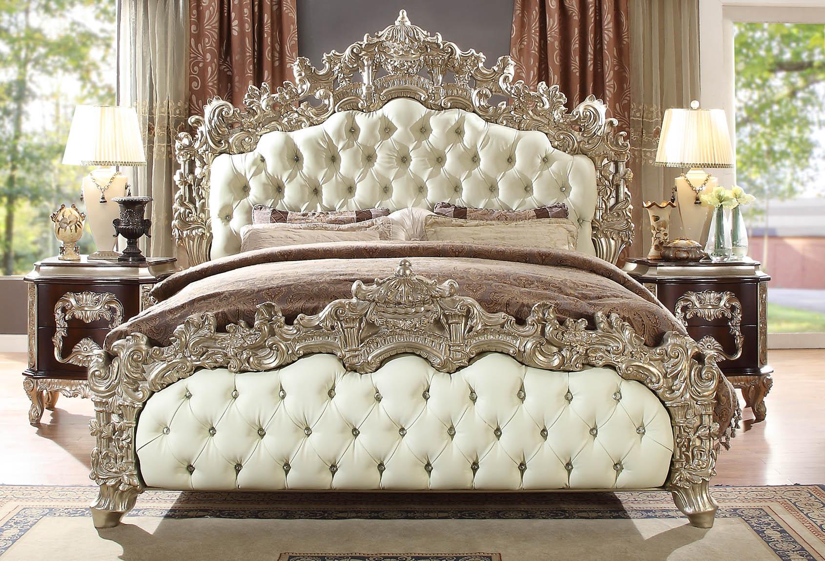 Traditional Panel Bedroom Set HD-8017 – CK BED SET HD-8017 – CK BED-3PC in Antique Silver, Antique White, Cherry Leather