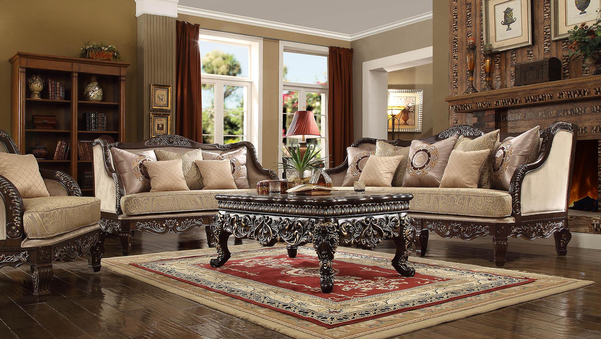 

    
Homey Design HD-914 Luxury Upholstery Pearl Cappucciono Carved Wood Living Room Set 6Pcs
