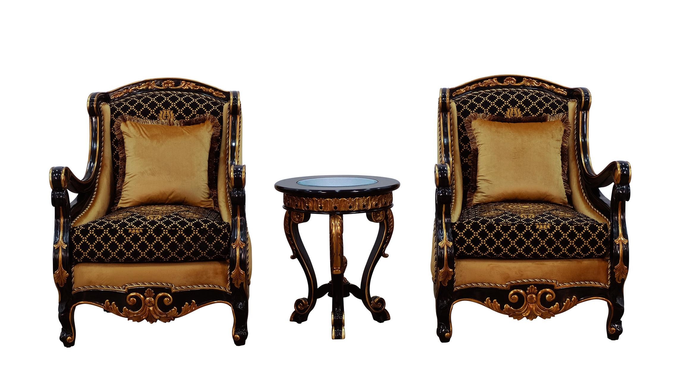 Classic, Traditional Arm Chair Set RAFFAELLO 41024-C-Set-2 in Antique, Silver, Gold, Black Fabric