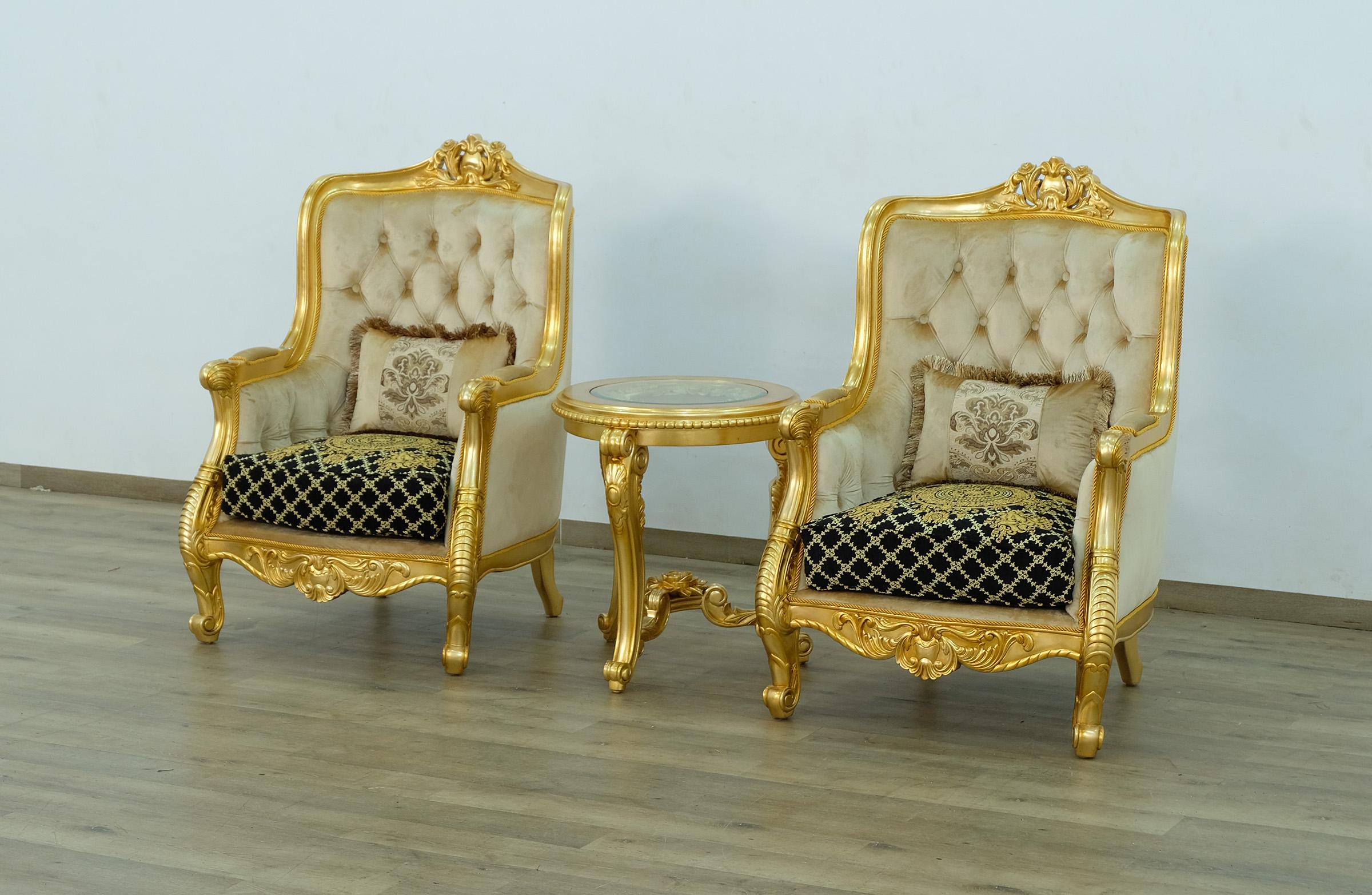 Classic, Traditional Arm Chair Set LUXOR 68585-C-Set-2 in Ebony, Antique, Mahogany, Gold, Black, Beige Fabric