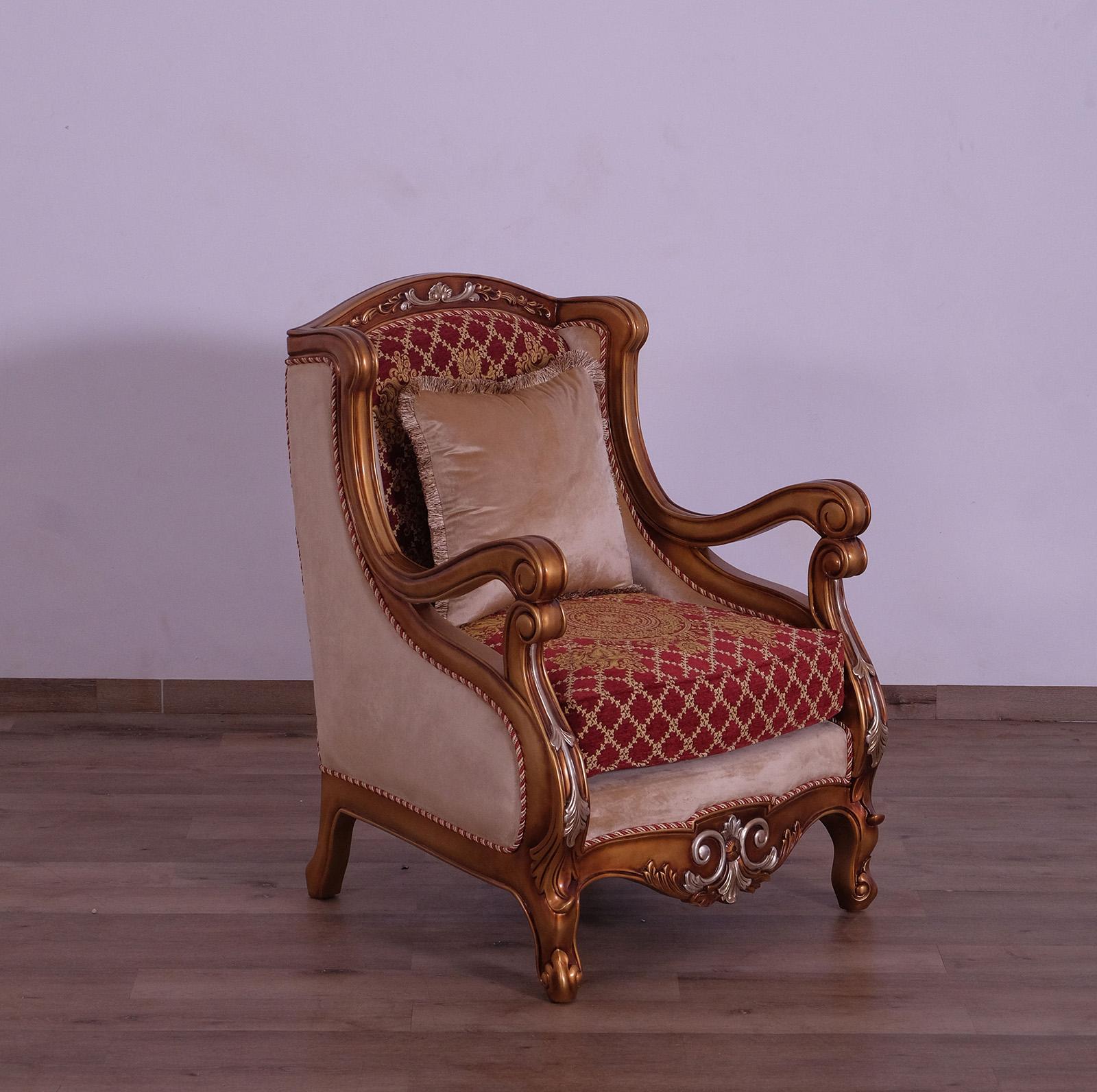 Classic, Traditional Arm Chair RAFFAELLO III 41022-C in Silver, Red, Gold Fabric