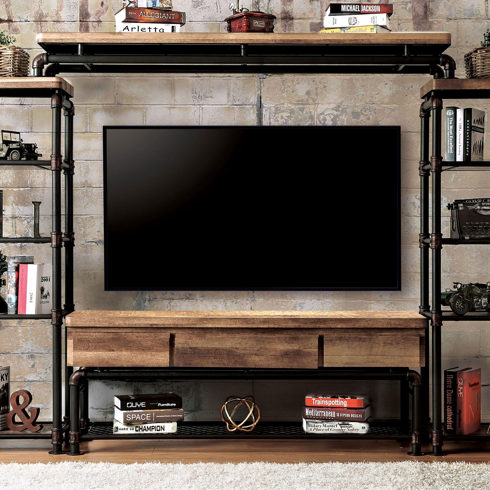 

    
Industrial Antique Black & Natural Tone Wood 60" TV Stand Furniture of America CM5913-TV Kebbyll
