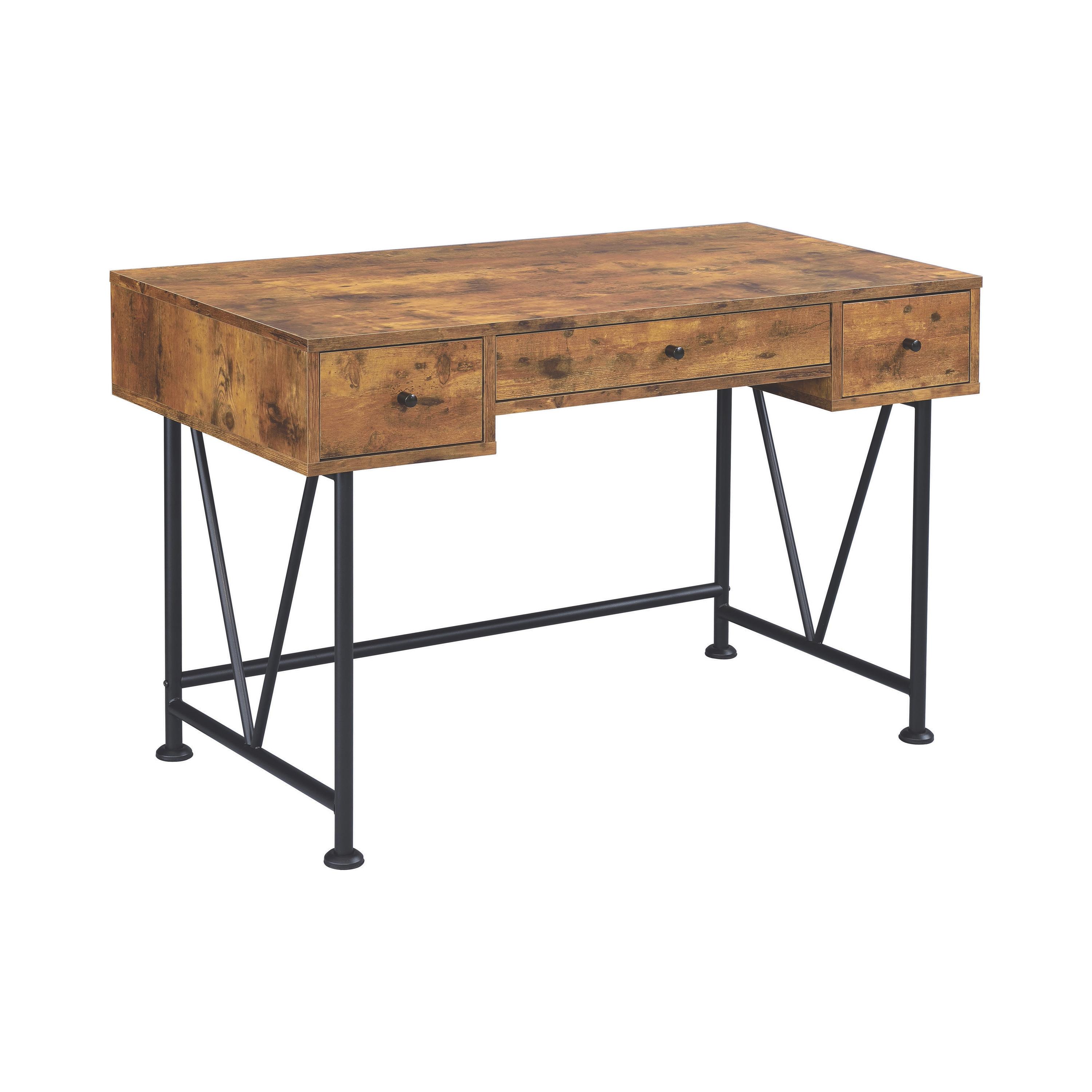 

    
Industrial Antique Nutmeg Metal 3-Drawer Writing Desk Coaster 801541 Analiese
