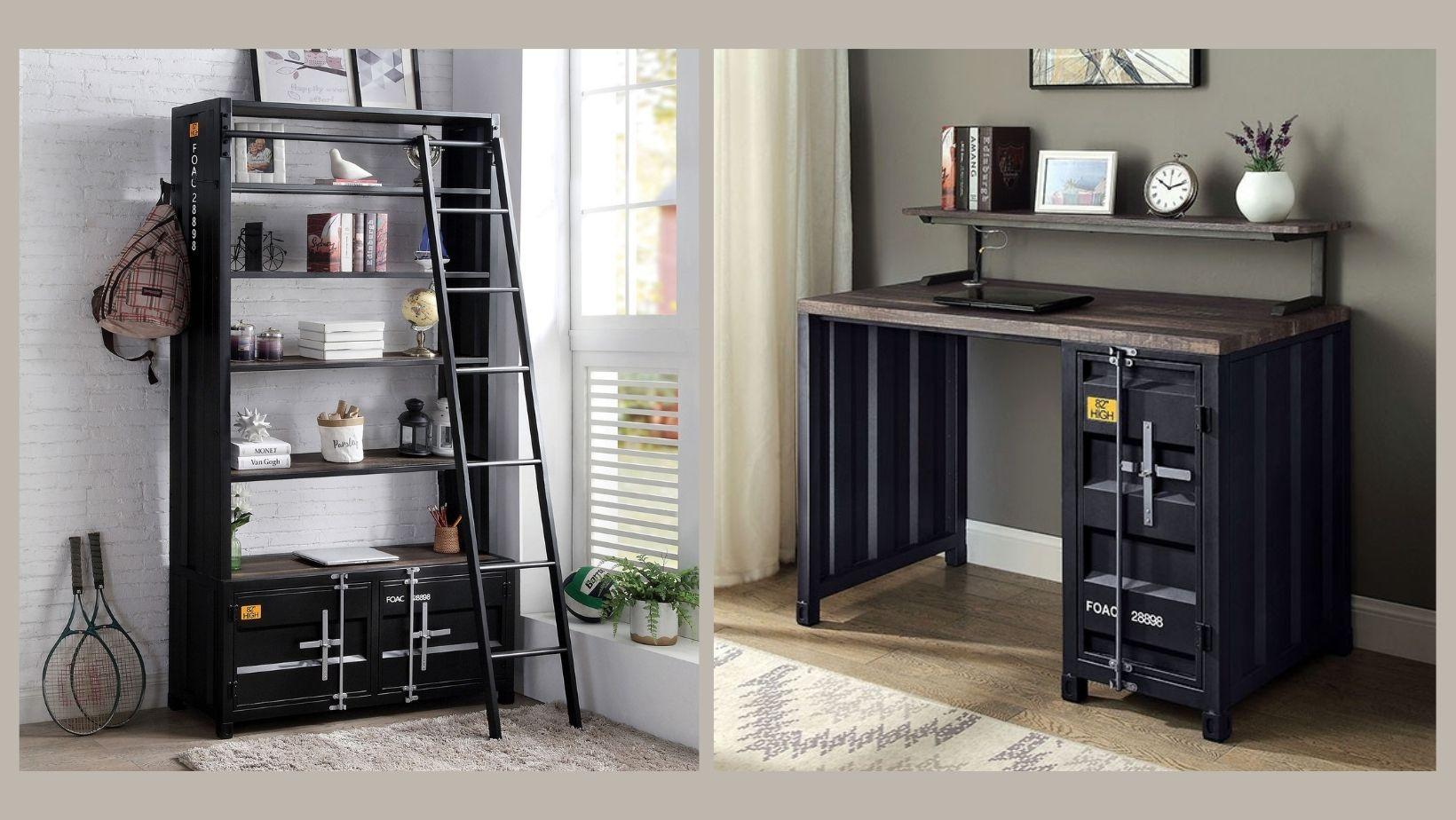 Contemporary Desk and Bookcase Dipiloh FOA-DK915-Set-2 in Black 