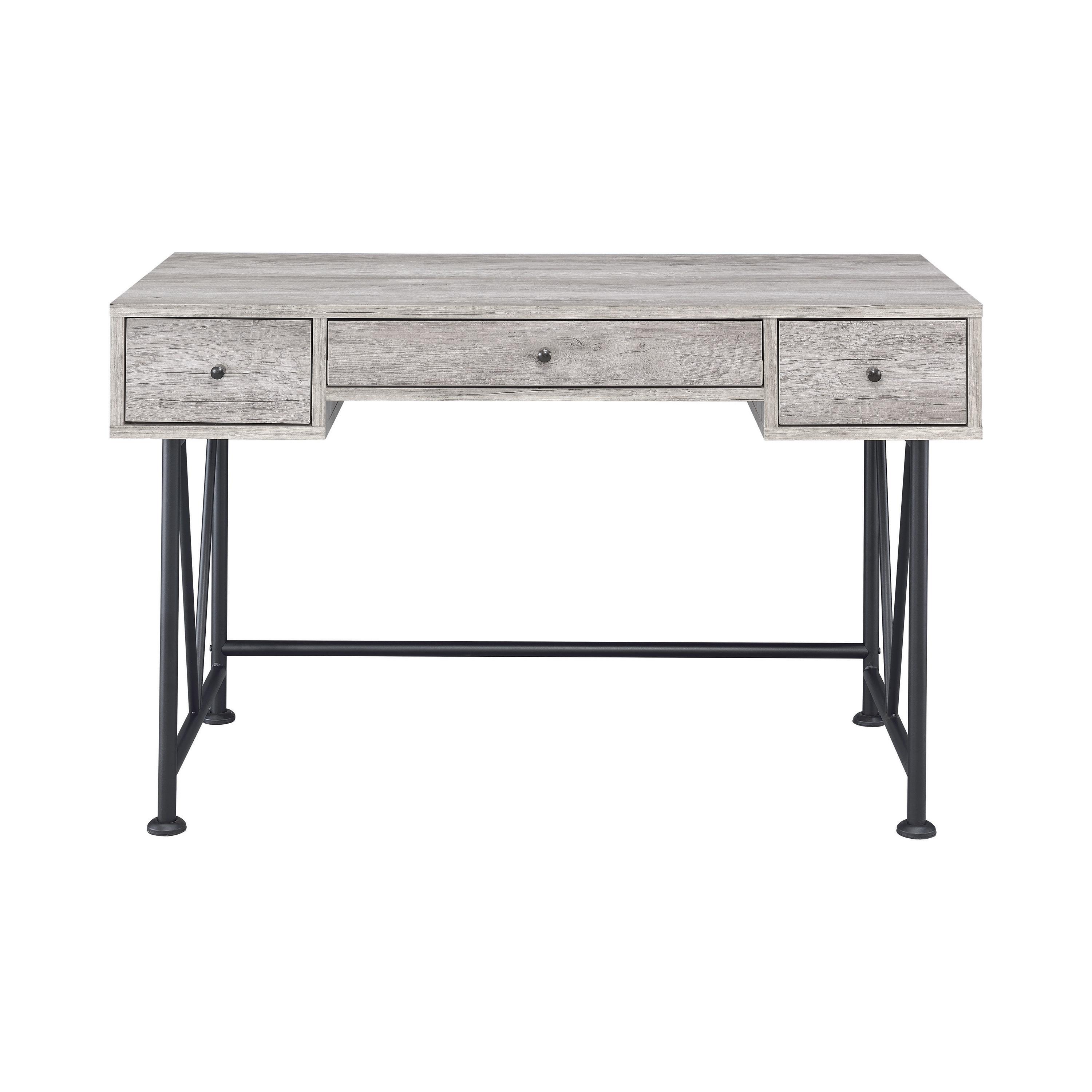 

    
Industrial Gray Driftwood Metal 3-Drawer Writing Desk Coaster 801549 Analiese
