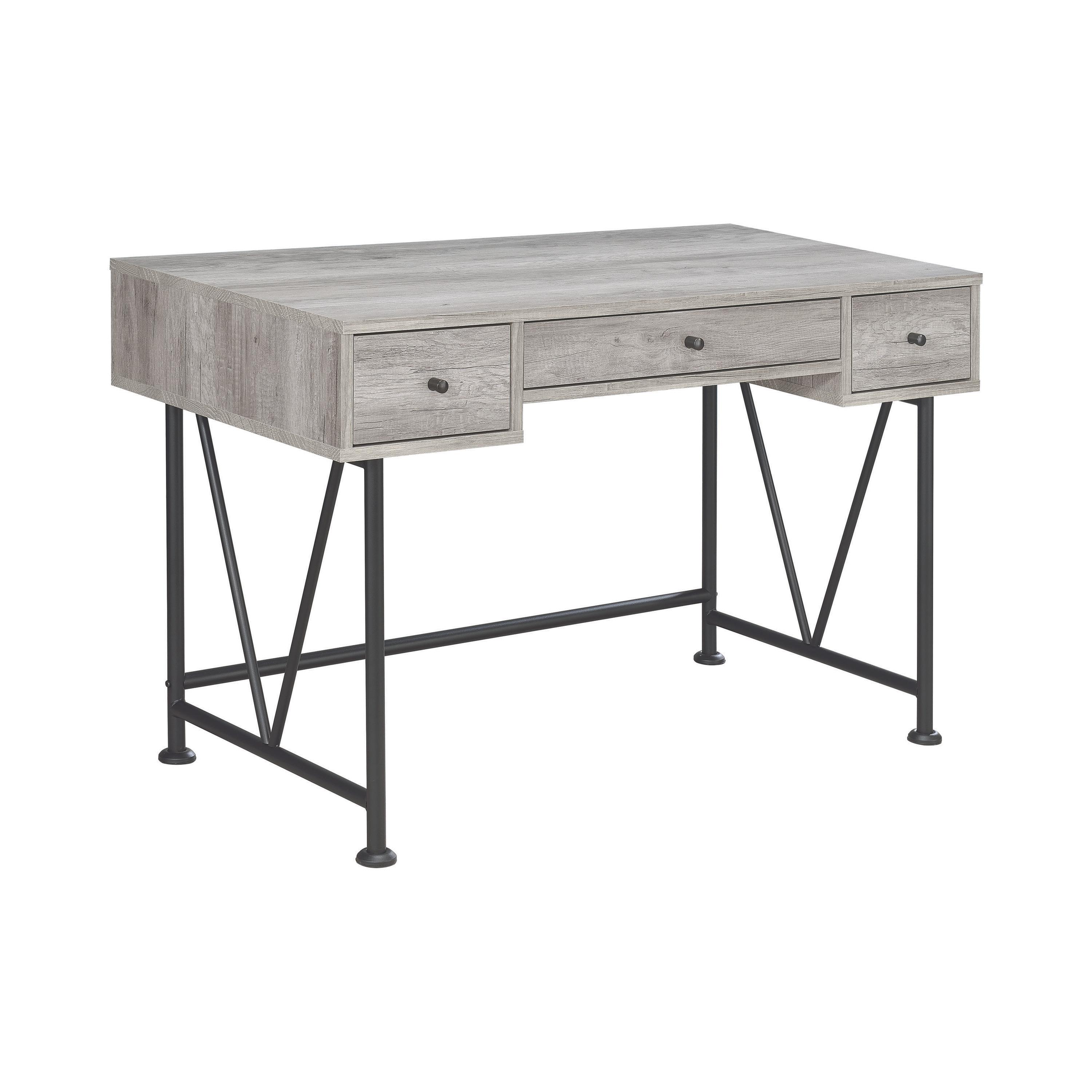 

    
Industrial Gray Driftwood Metal 3-Drawer Writing Desk Coaster 801549 Analiese
