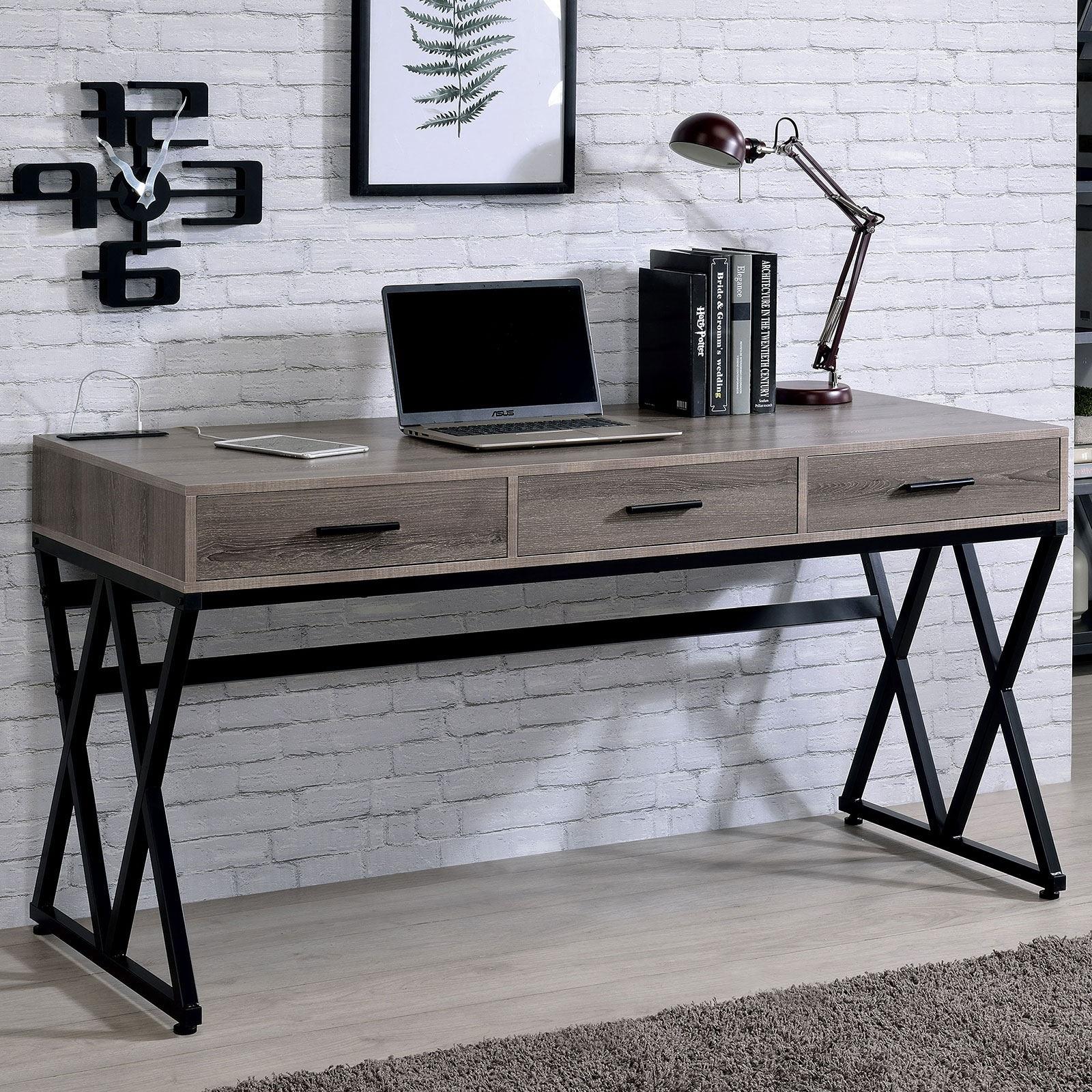 

    
Industrial Gray & Sand Black Metal Desk Furniture of America CM-DK921 Madras
