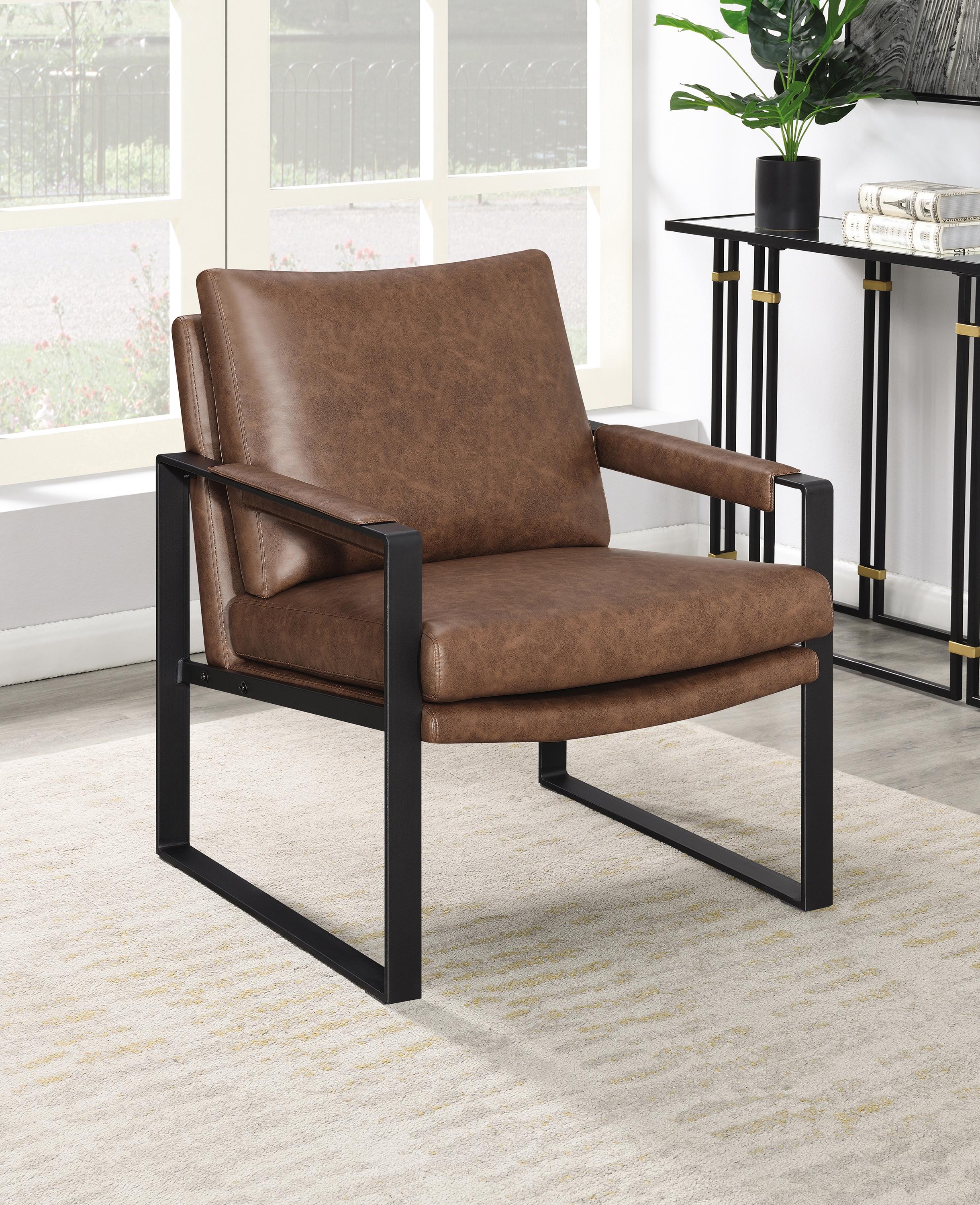 

    
Industrial Gunmetal & Umber Brown Leatherette Accent Chair Coaster 904112

