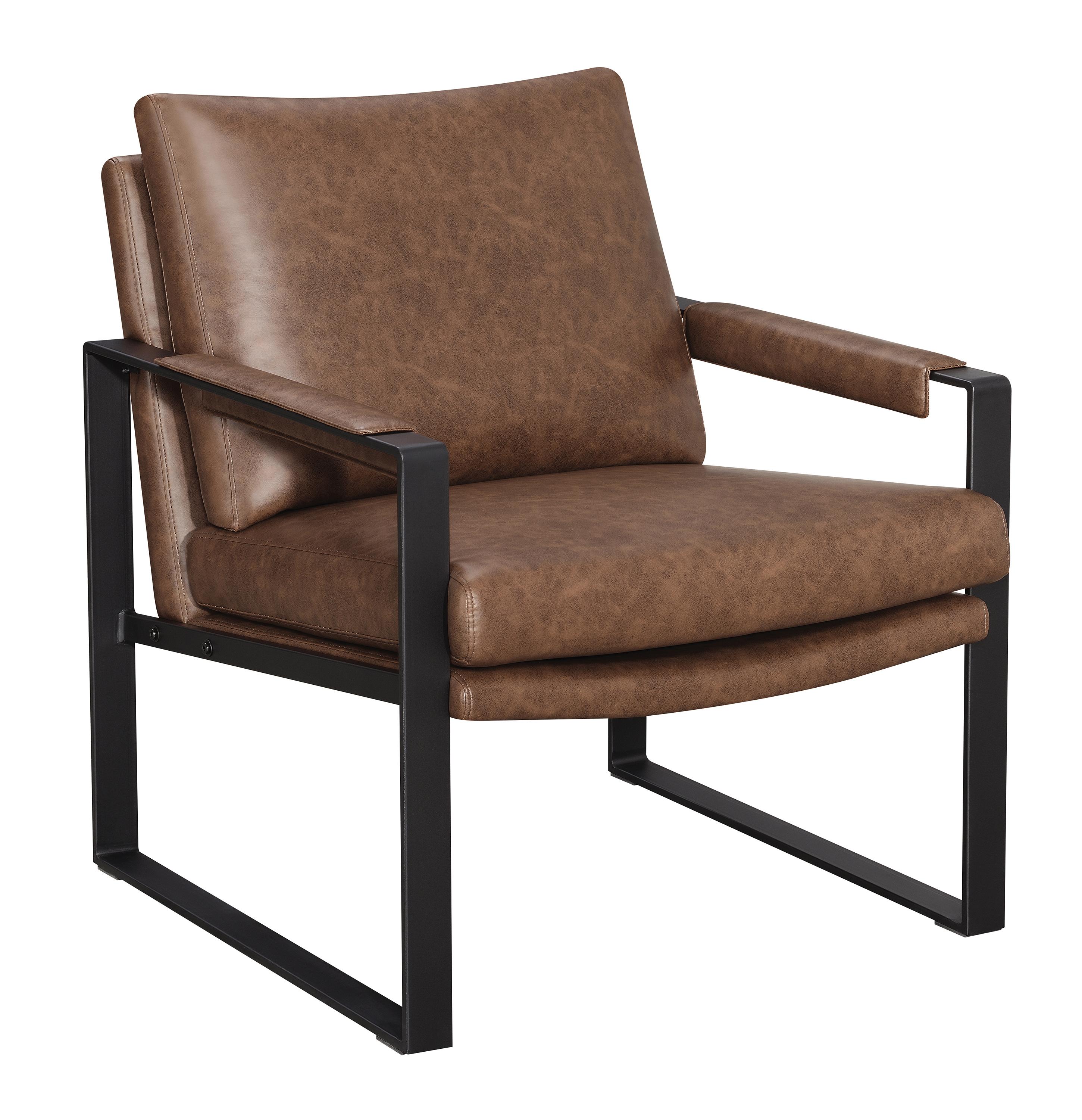 

    
Industrial Gunmetal & Umber Brown Leatherette Accent Chair Coaster 904112
