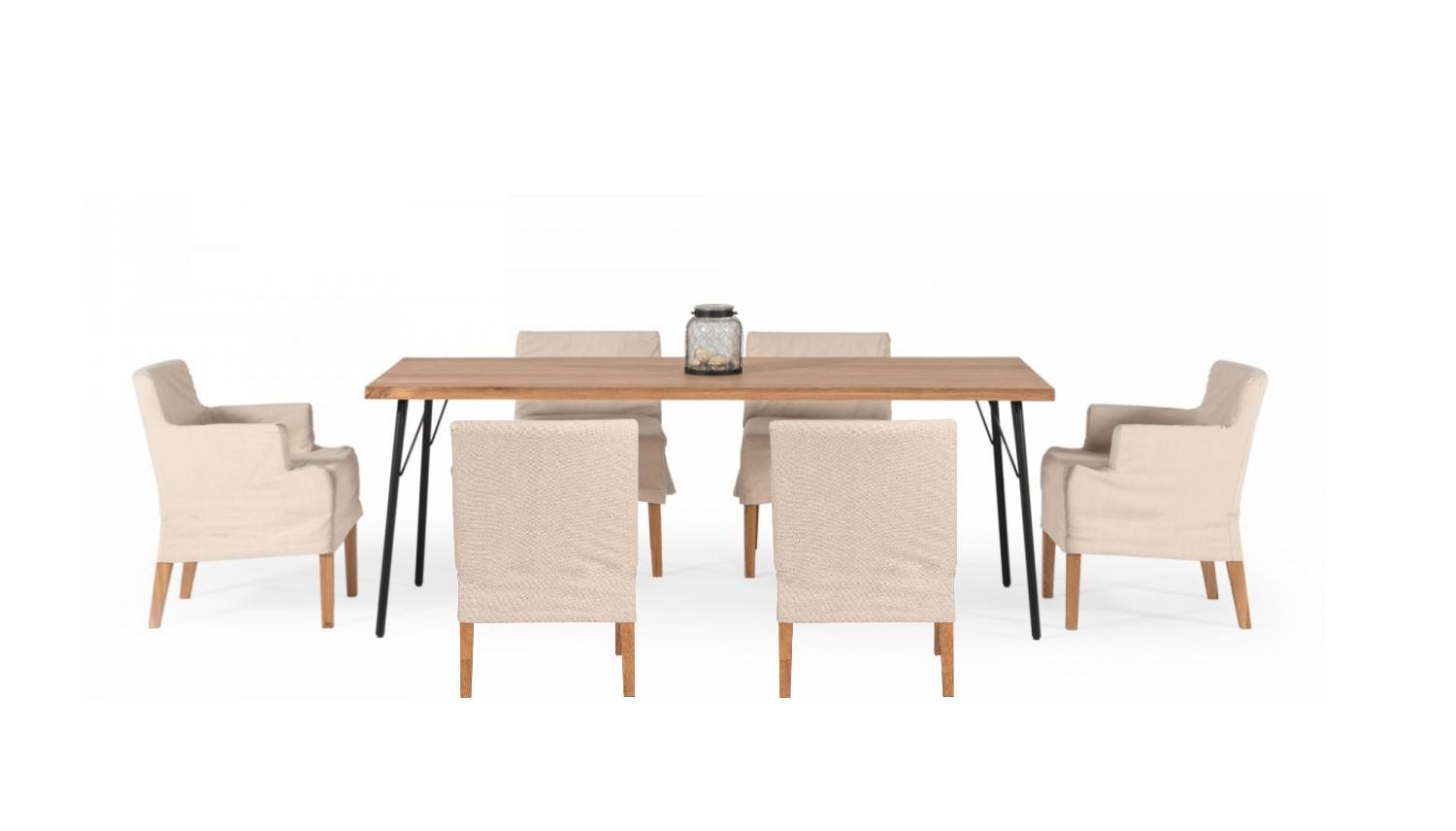 

    
Industrial Oak & Black Iron Live Edge Dining Table + 6 Arm Chairs by VIG Modrest Barnum
