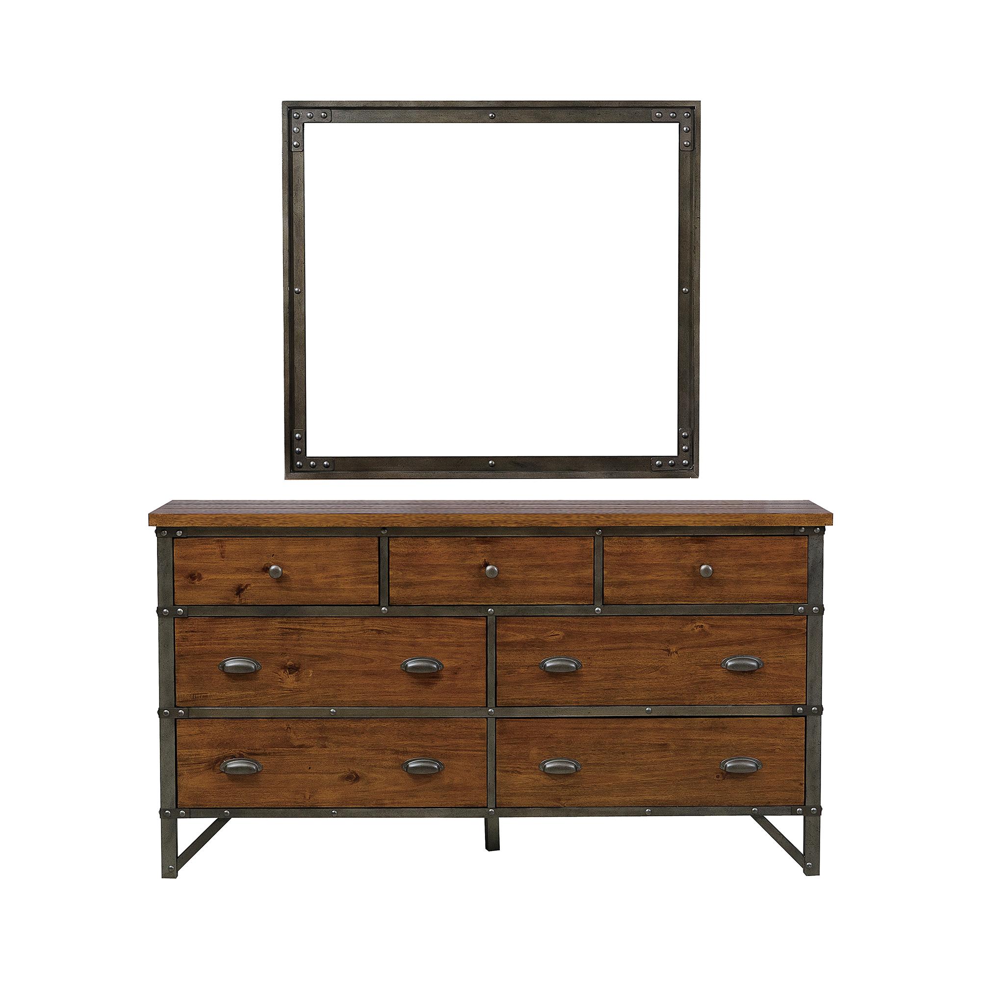 Modern Dresser w/Mirror 1715-5*6-2PC Holverson 1715-5*6-2PC in Gunmetal, Rustic Brown 