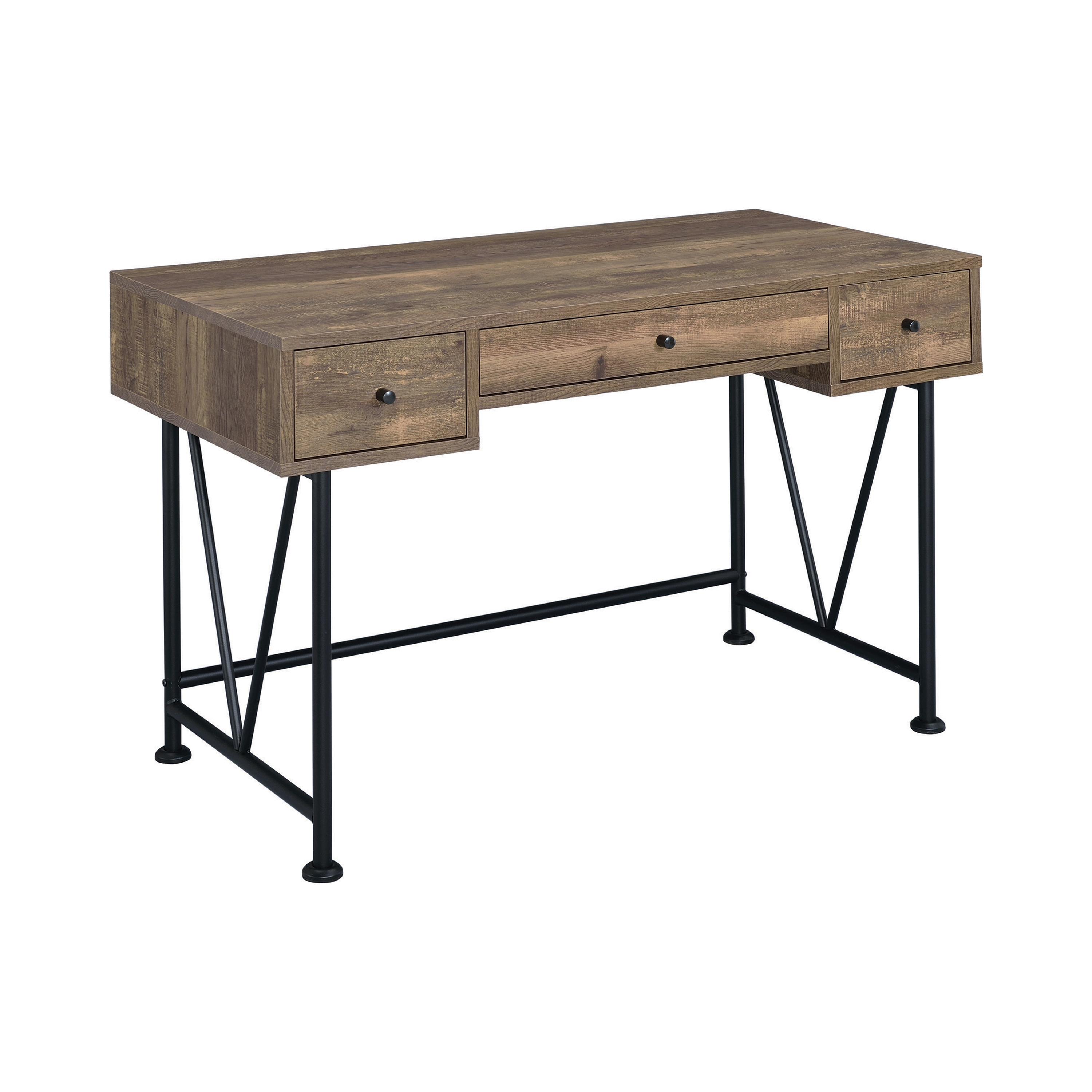 

    
Industrial Rustic Oak Metal 3-Drawer Writing Desk Coaster 802541 Analiese
