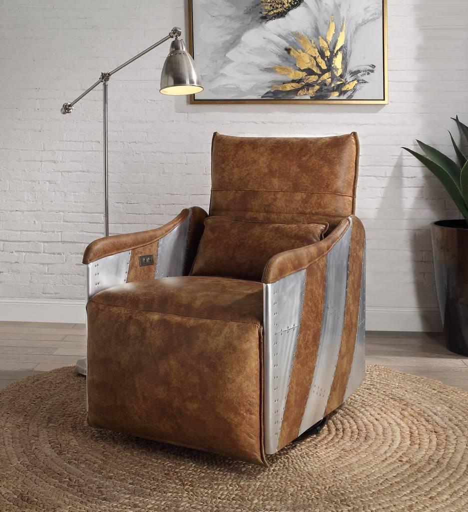 

    
Riley Industrial Style Mocha Top Grain Leather & Aluminum Power Motion Recliner
