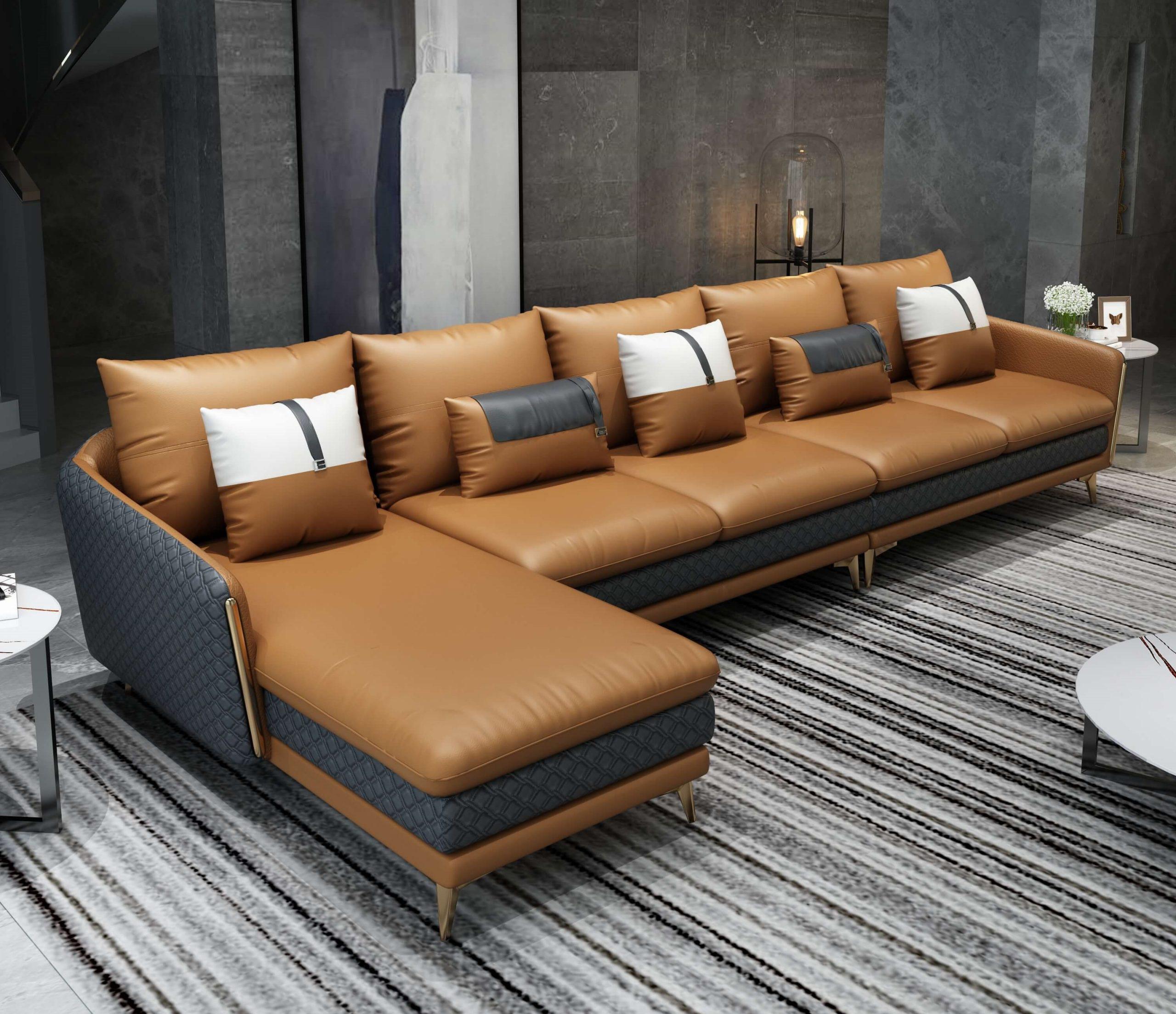 Modern, Vintage 5 Seater Sectional Sofa ICARO MANSION EF-64436L-5LHF in Cognac, Gray Italian Leather