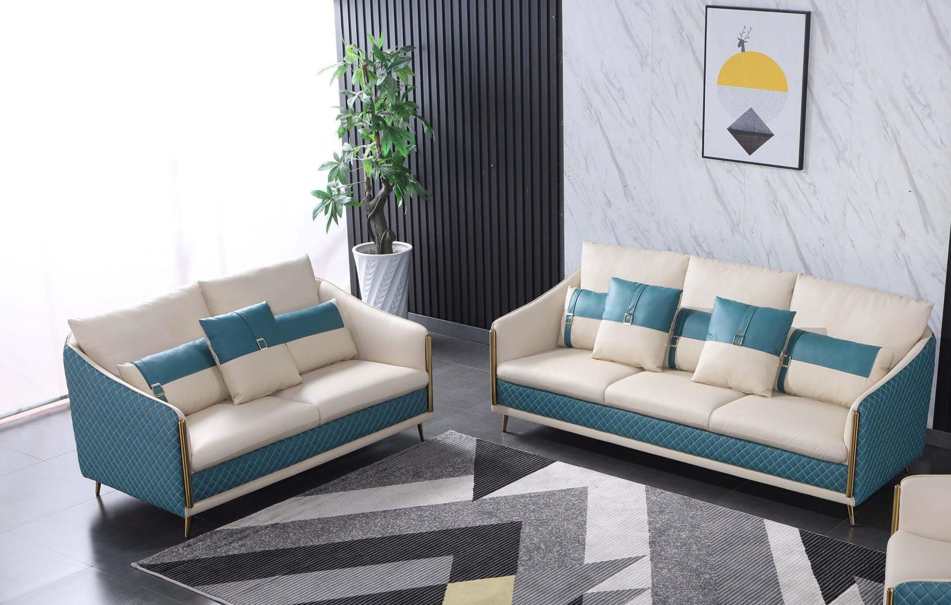 Modern, Vintage Sofa Set ICARO EF64457-S-Set-2 in Off-White, Blue Italian Leather
